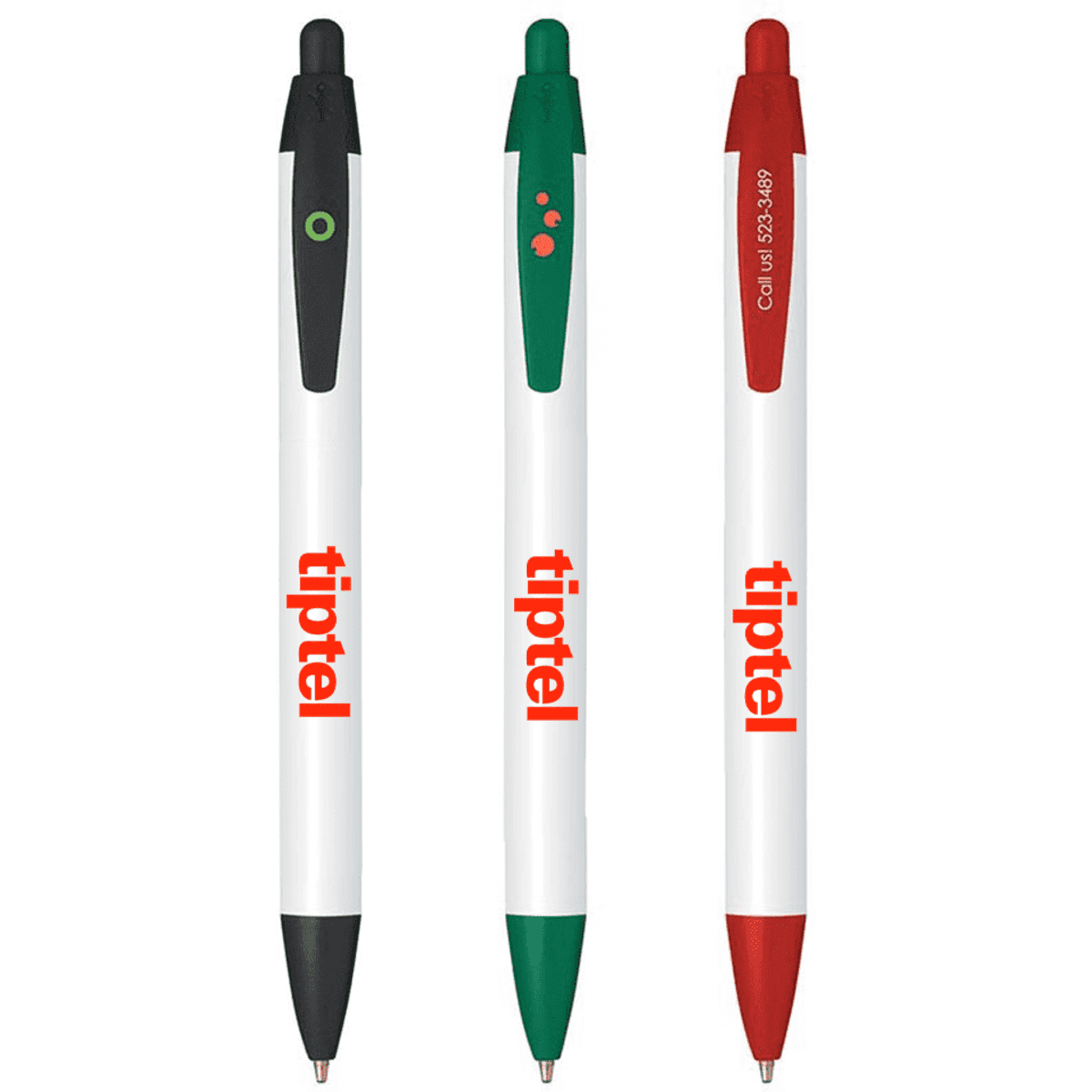 Three plastic pens in black, green, and red with white barrels and a logo.