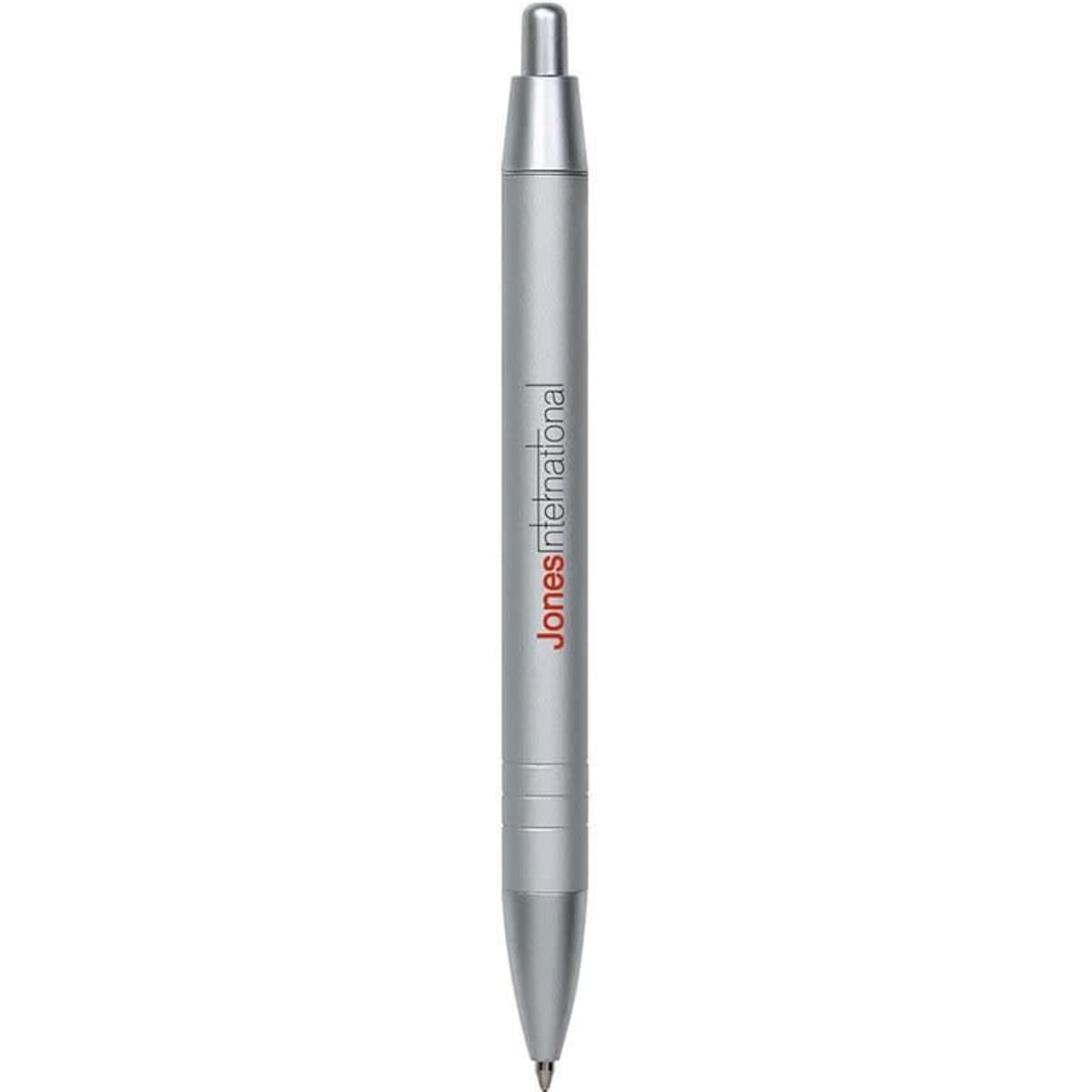 A silver metal pen with a sleek design and a visible logo.