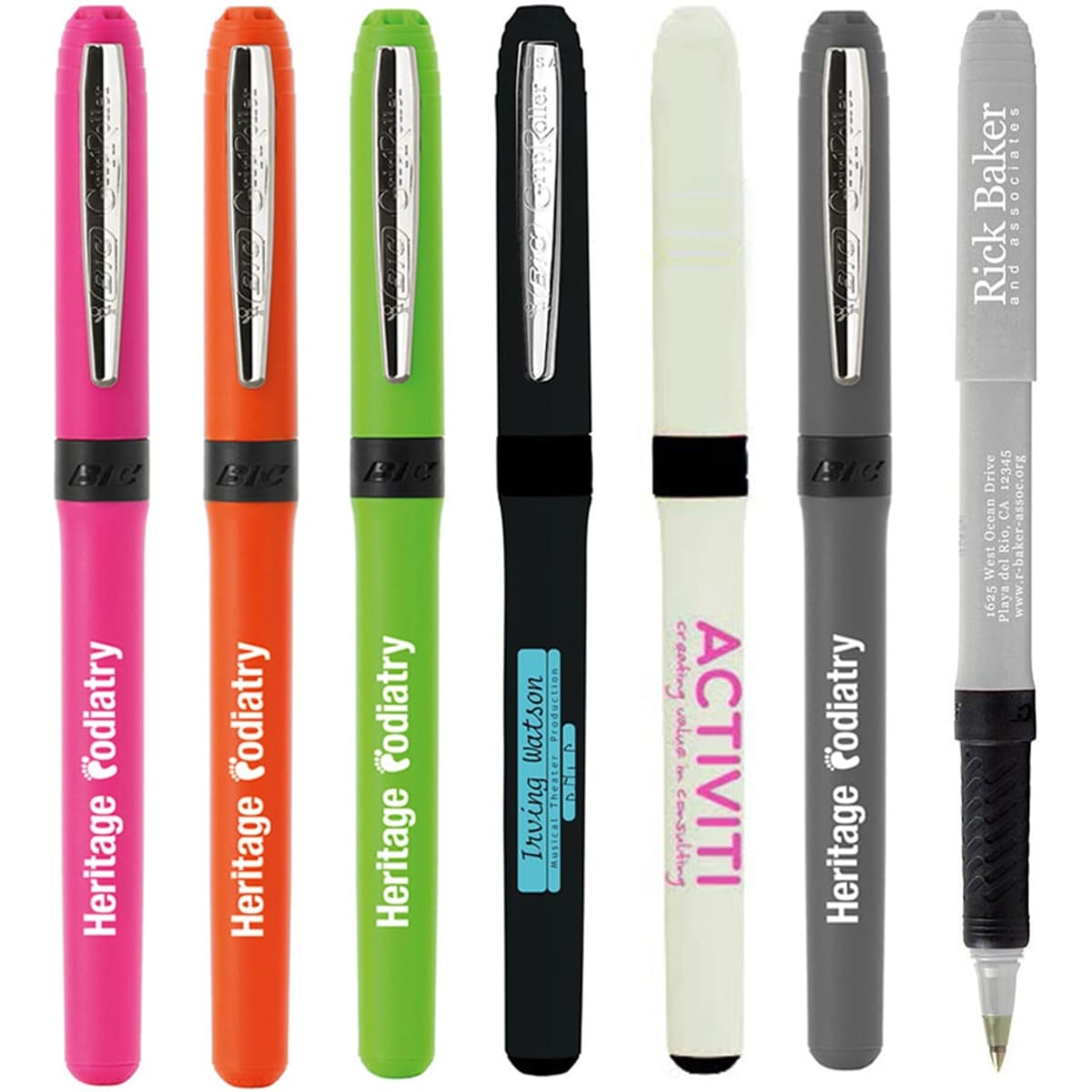 A collection of seven pens in various colours, including pink, orange, green, black, and grey, featuring logos.