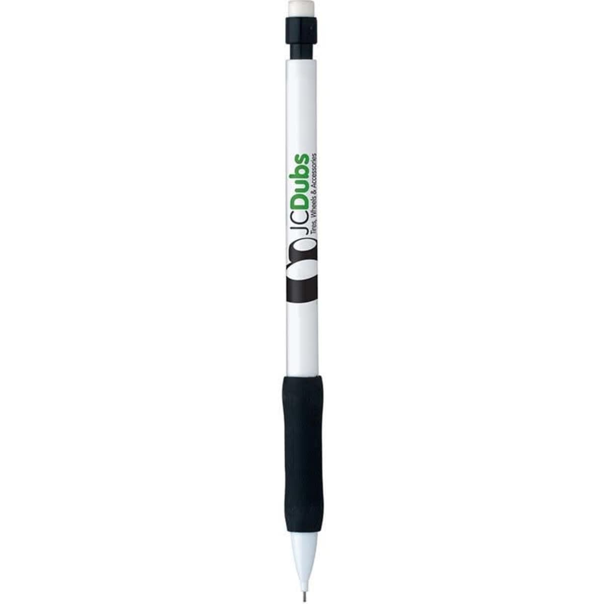 A grey-lead pencil with a white body, black grip, and a logo on it.
