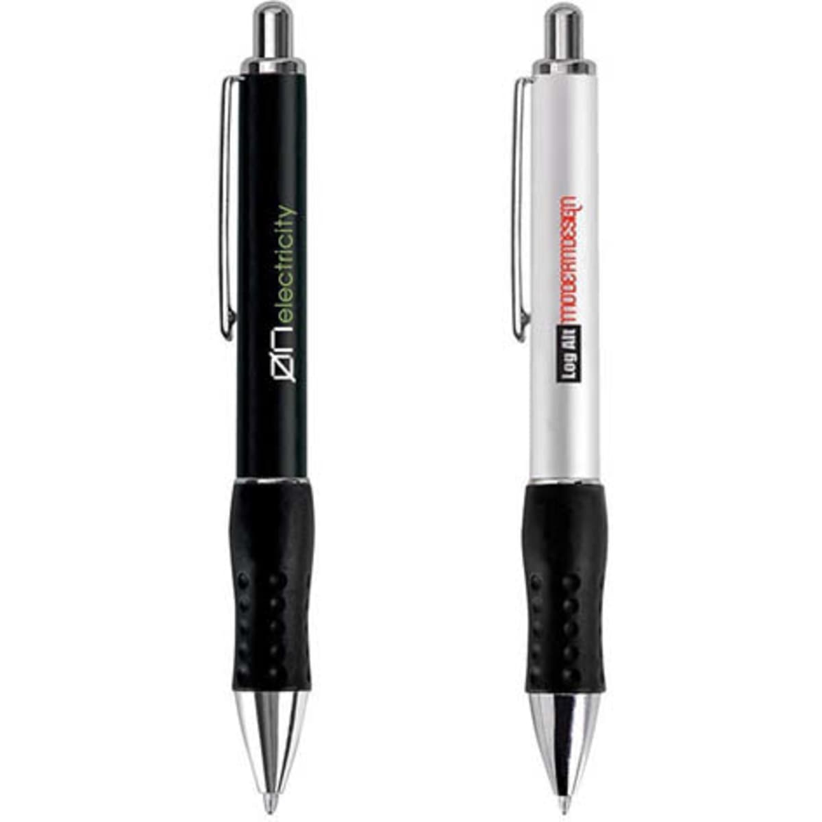 Two steel retractable pens displayed, one black with a green detail and one silver with a red detail, featuring grips.