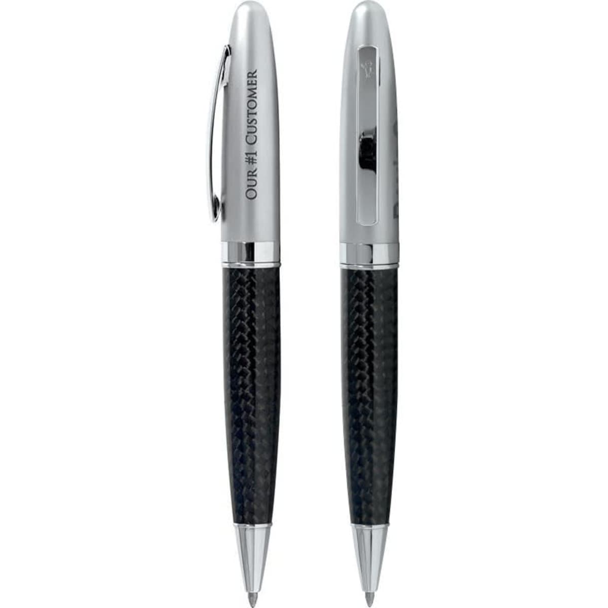 A sleek carbon fibre twist pen in black with silver accents, featuring a branding logo.