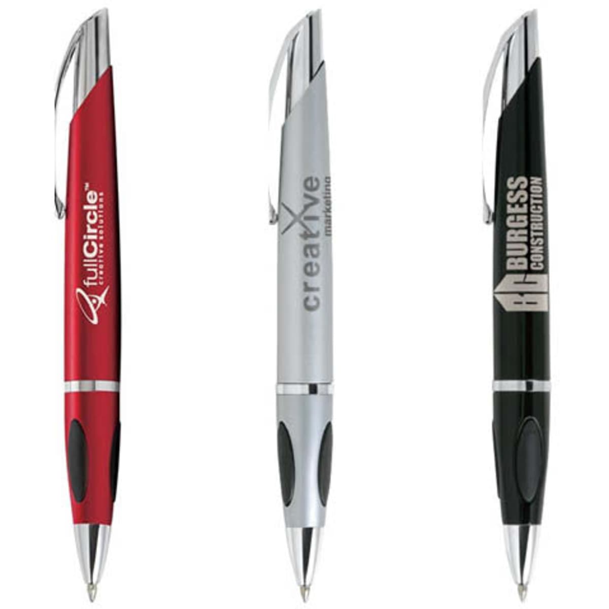 Three Protrusion Grip Pens in red, silver, and black with a logo on each pen.