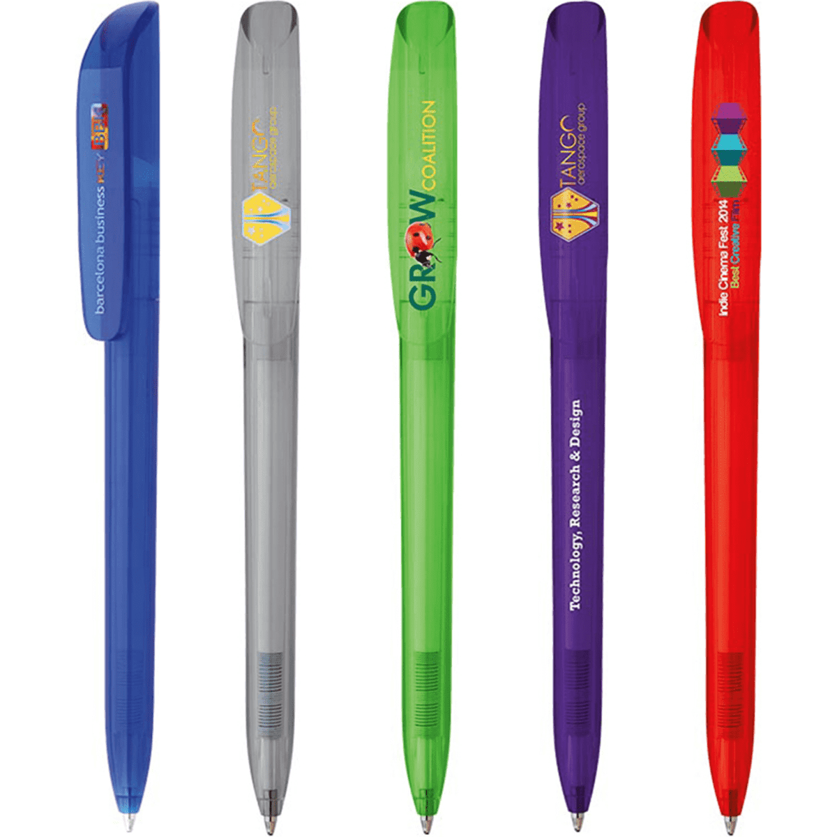 A collection of five plastic pens in blue, grey, green, purple, and red, each featuring a logo or branding.