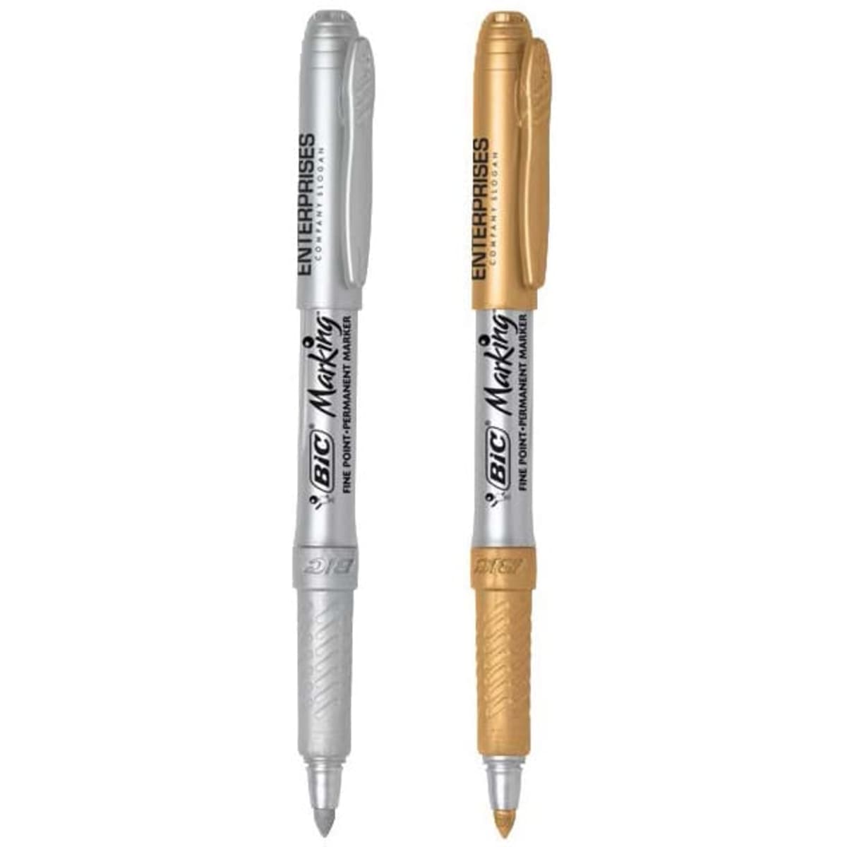 Two metallic permanent markers in silver and gold, featuring a branding logo on the side.