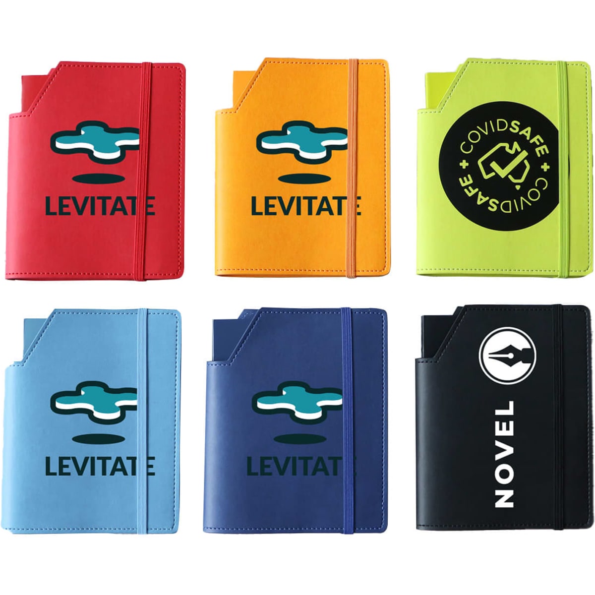 A collection of six Leatherette Small Covers in red, orange, green, blue, navy, and black, each with a logo.
