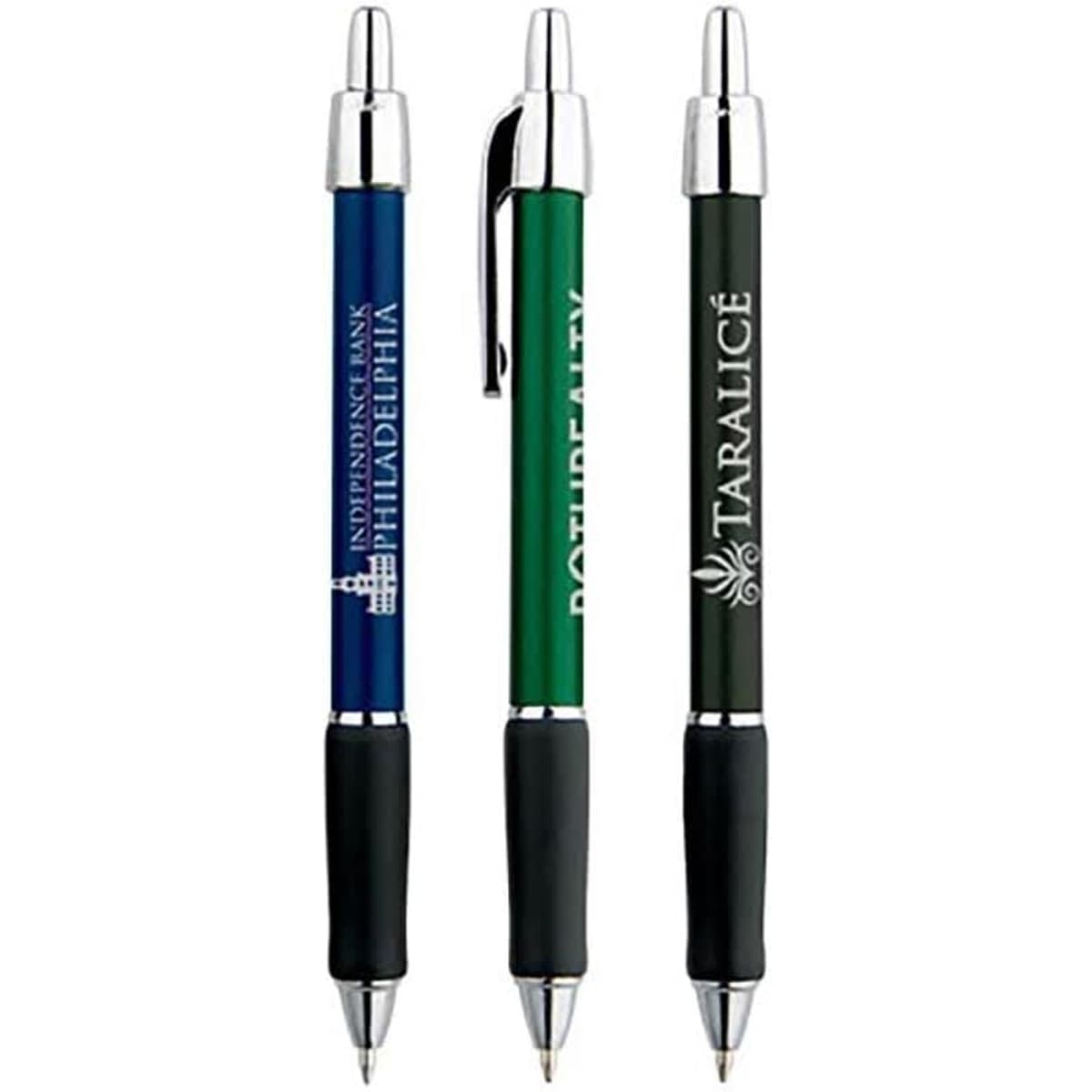 A set of three metallic pens in blue, green, and black, featuring a logo on each pen.