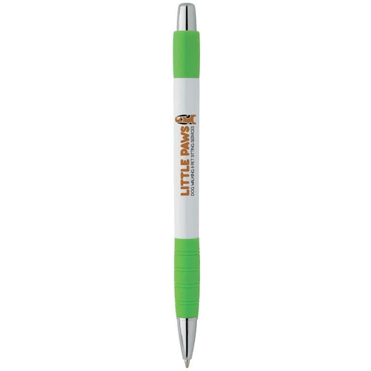A white pen with a green grip and silver accents, featuring a logo on the body.