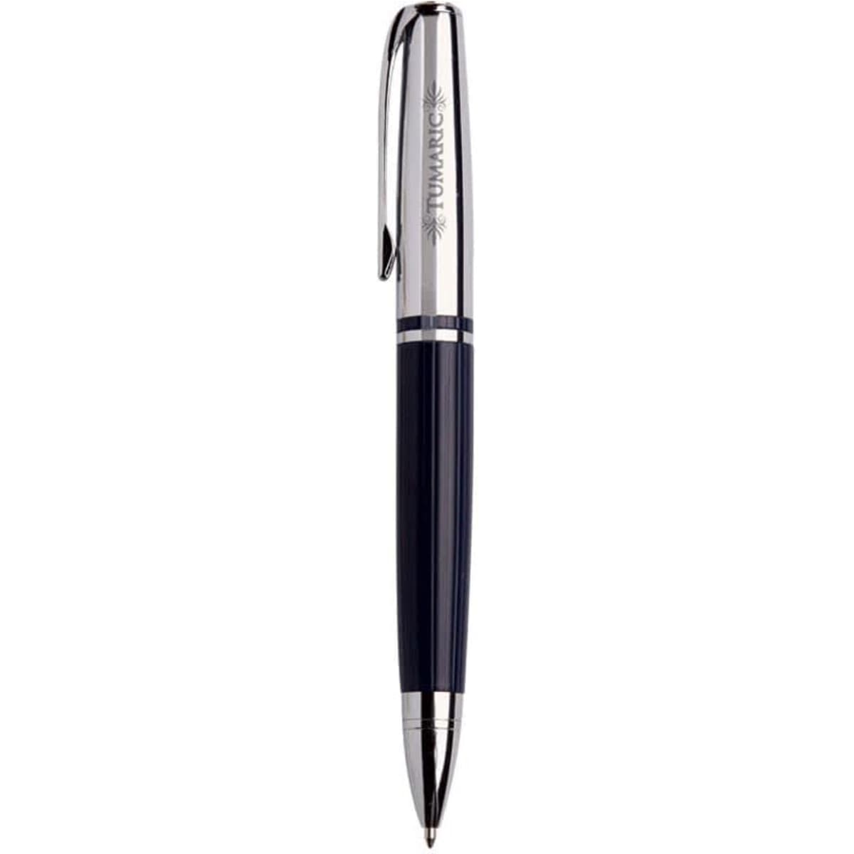 A sleek navy blue stylus pen with chrome accents and a branded logo on its surface.