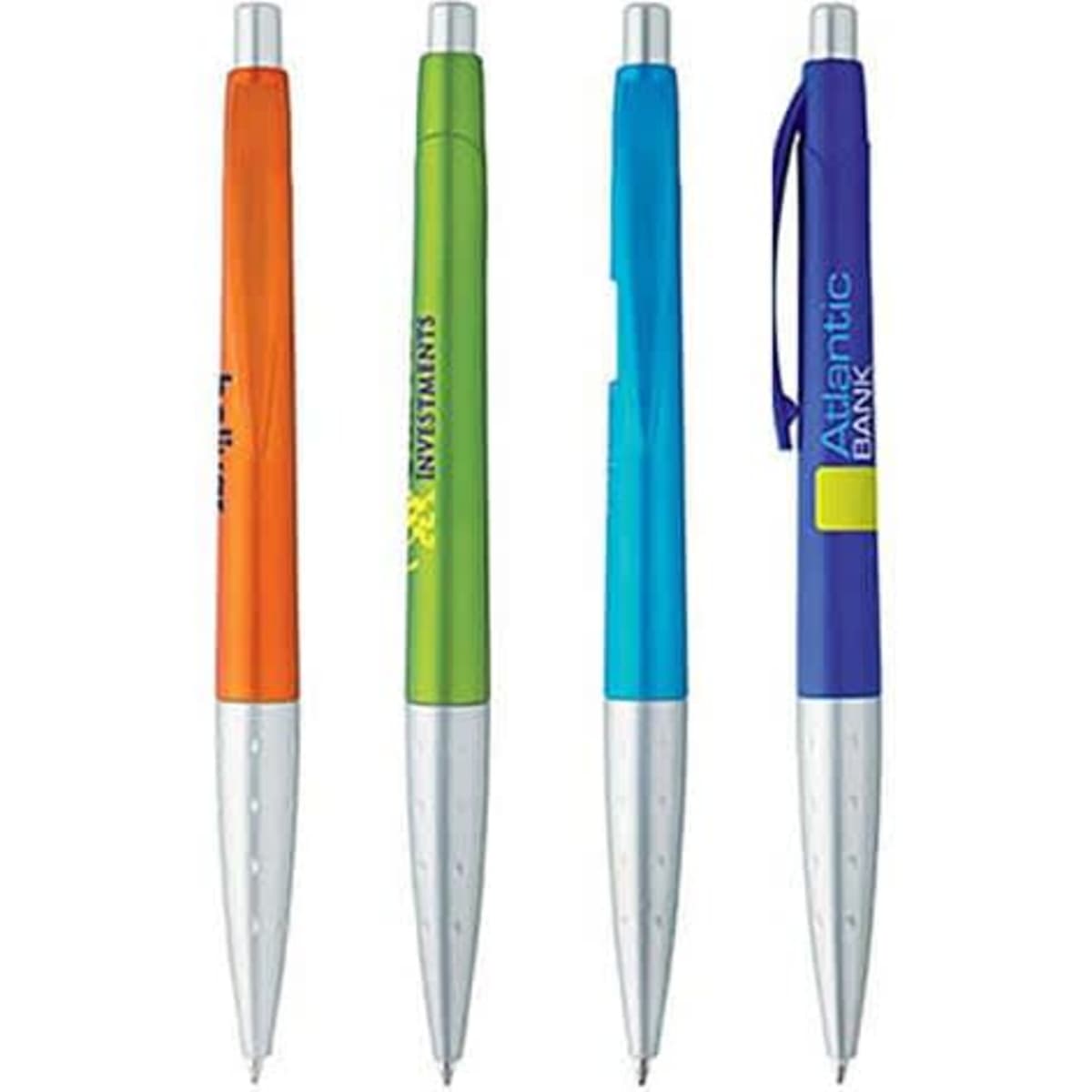 Four metallic pens in orange, green, blue, and purple, each with a silver clip and a branding logo.