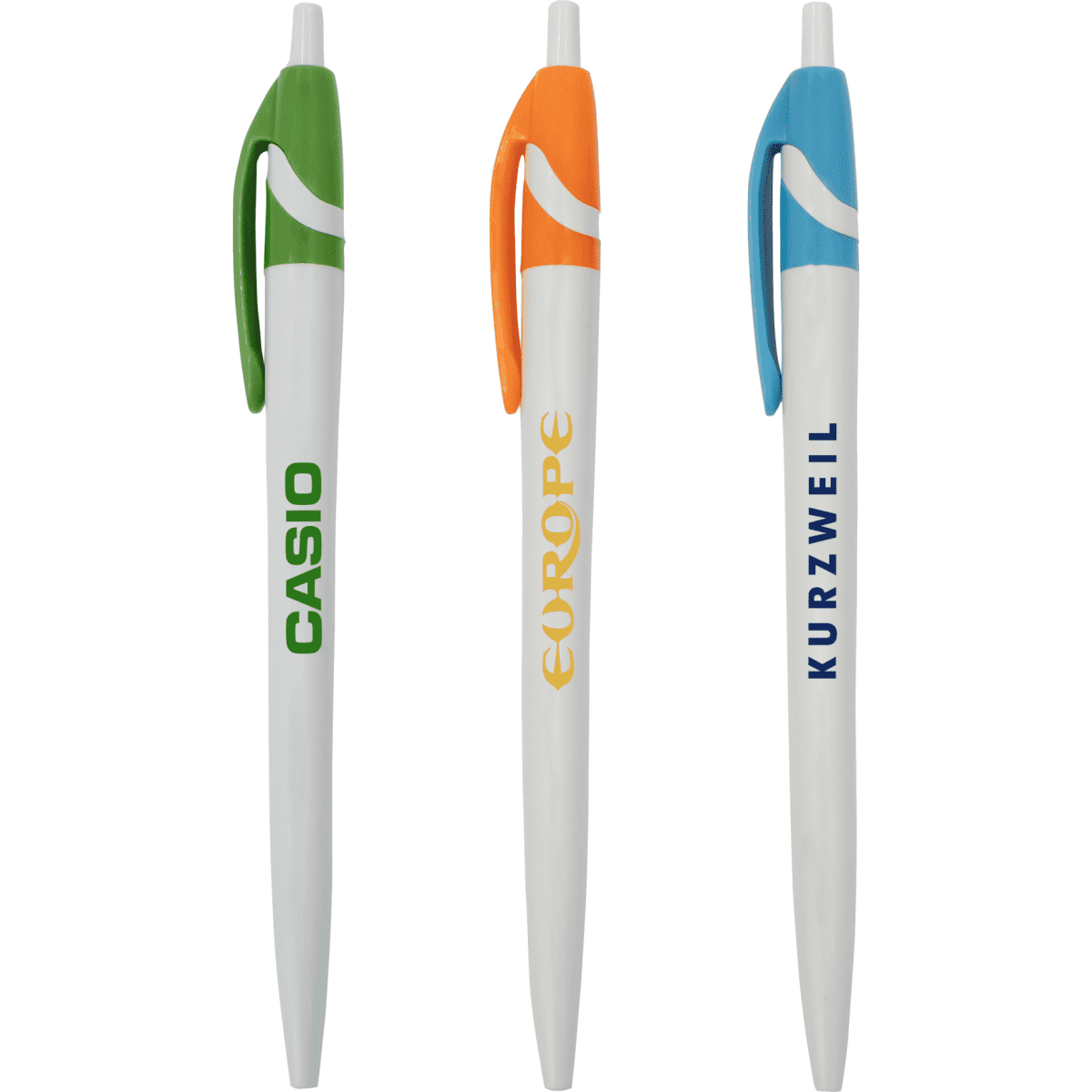 Three plastic pens in green, orange, and blue, each with white barrels and a logo on them.