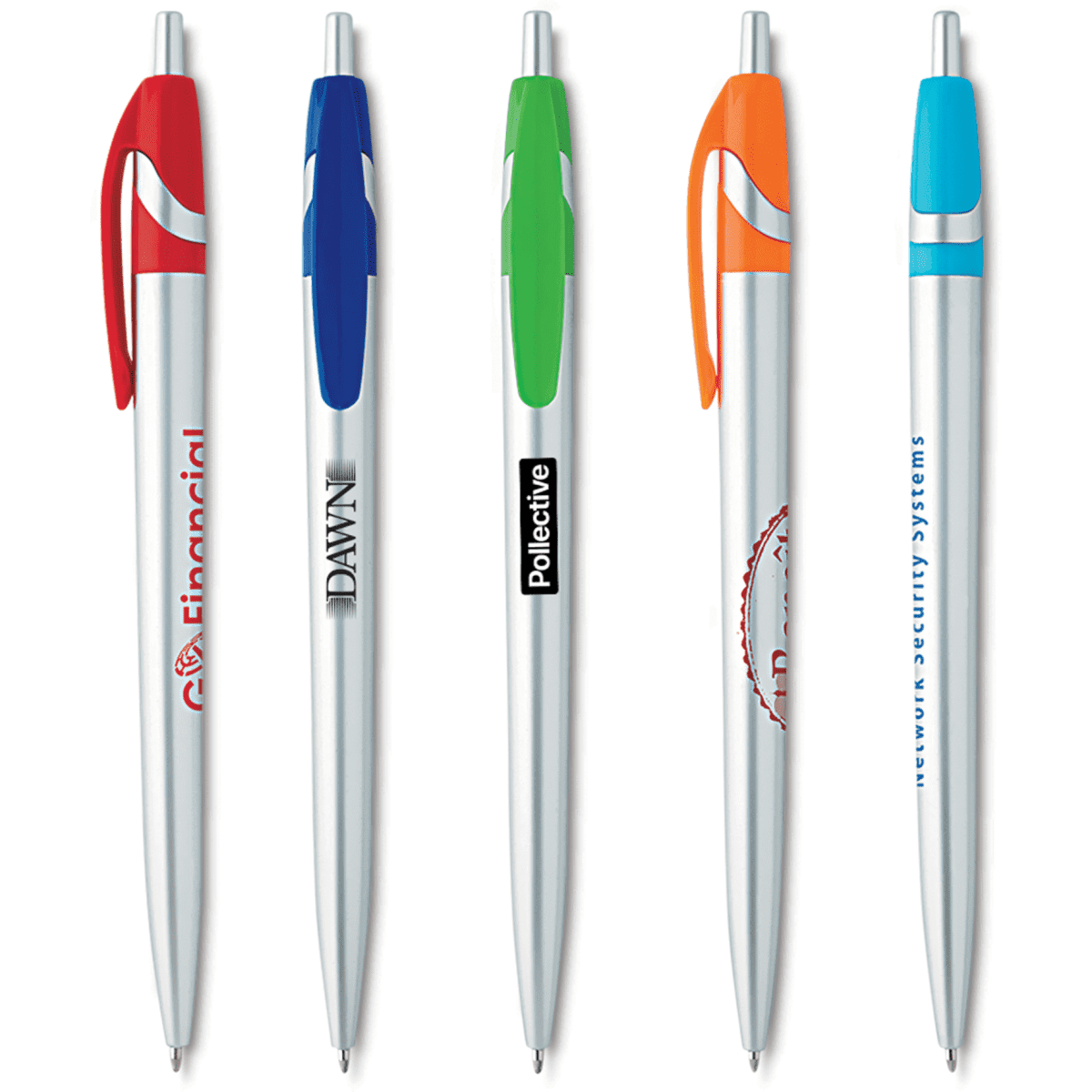 A selection of silver metal pens in various colours, featuring clips in red, blue, green, orange, and turquoise.