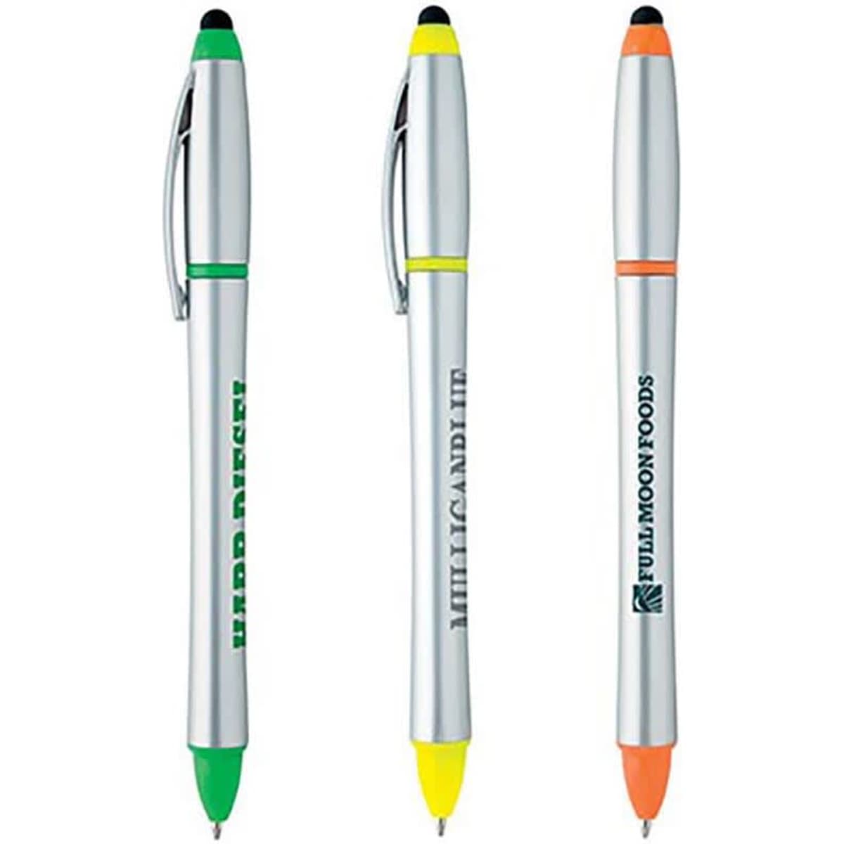A stylus highlighter pen combo featuring three pens in green, yellow, and orange, with silver barrels and branding.