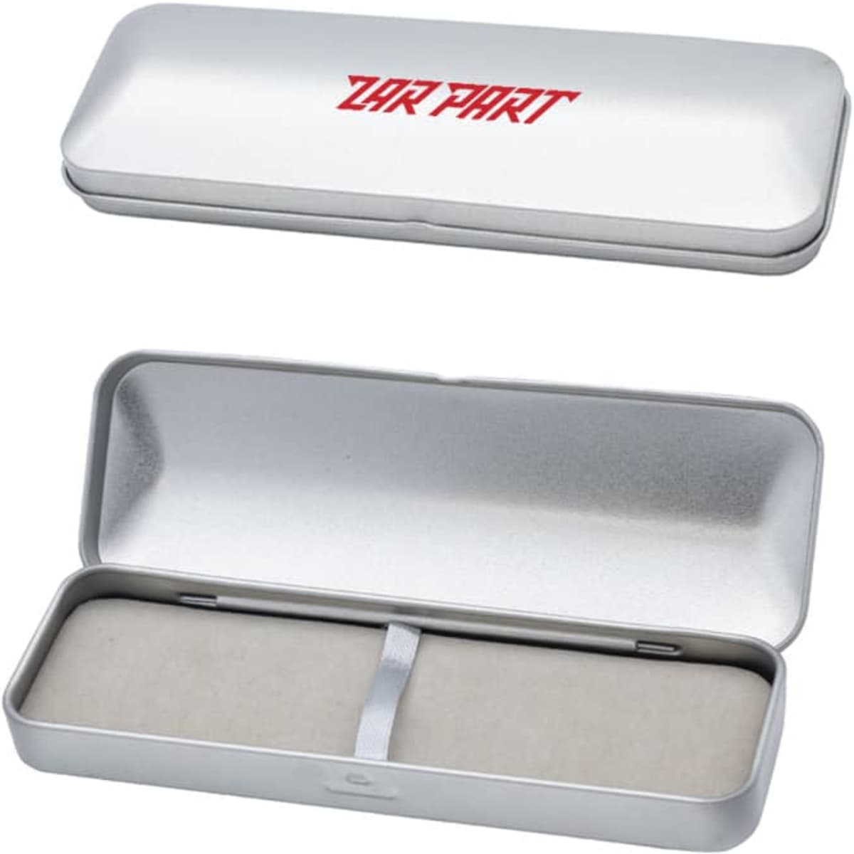 A brushed metal gift box in silver, featuring a soft interior and a logo. Ideal for pen packaging.