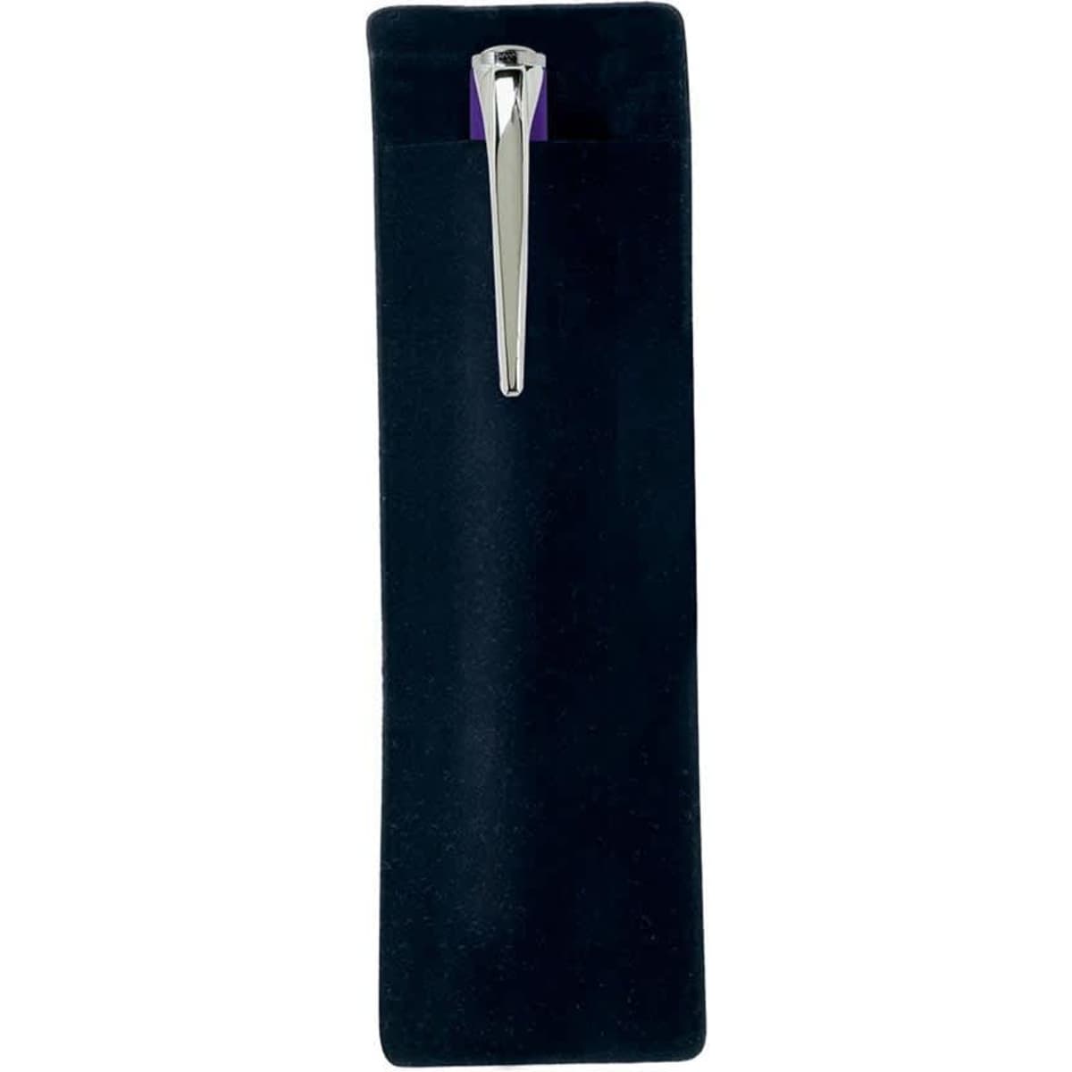 A black velour sleeve with a silver pen partially visible inside, featuring a logo on the exterior.