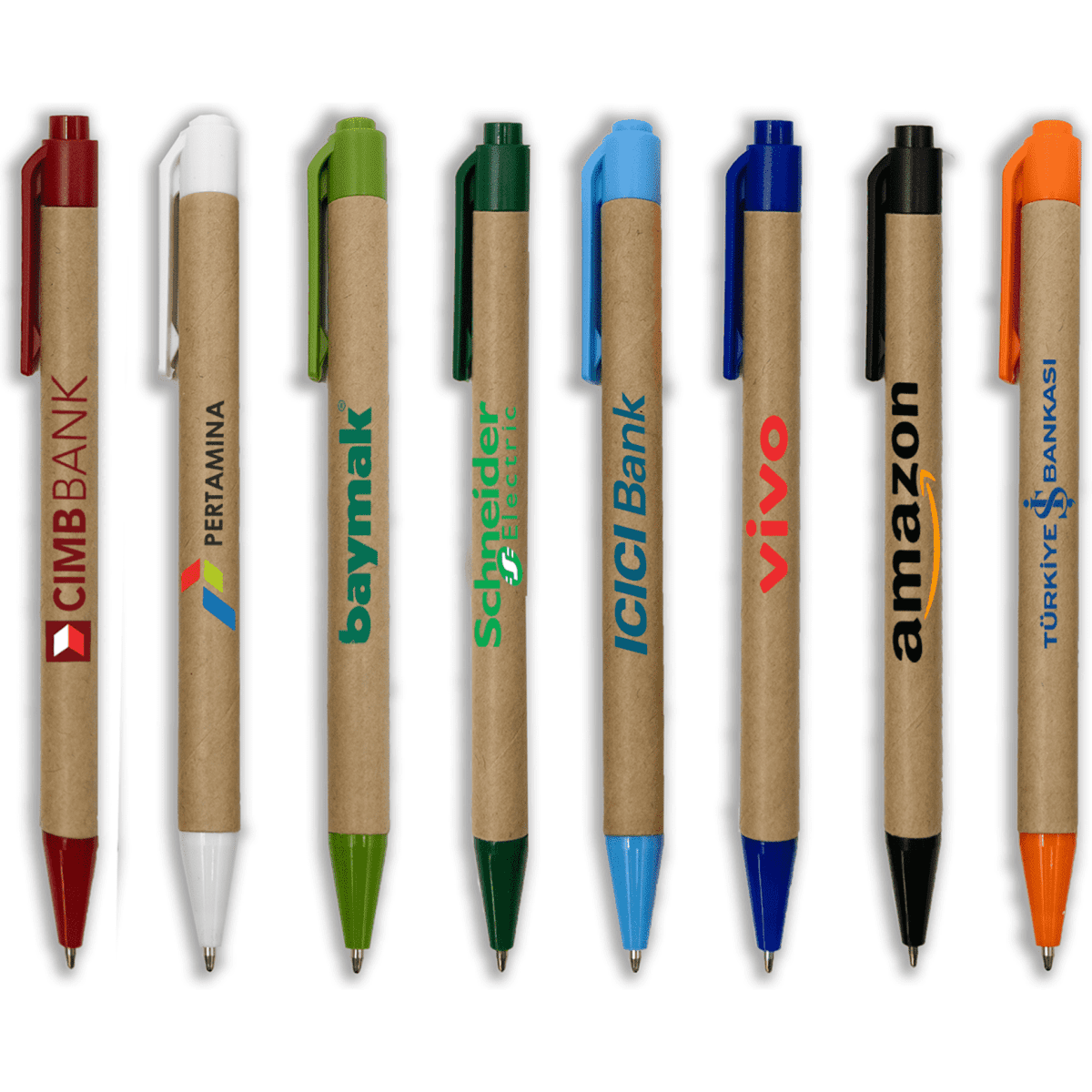 A collection of eight pens in various colours, featuring a cardboard design and different logos.
