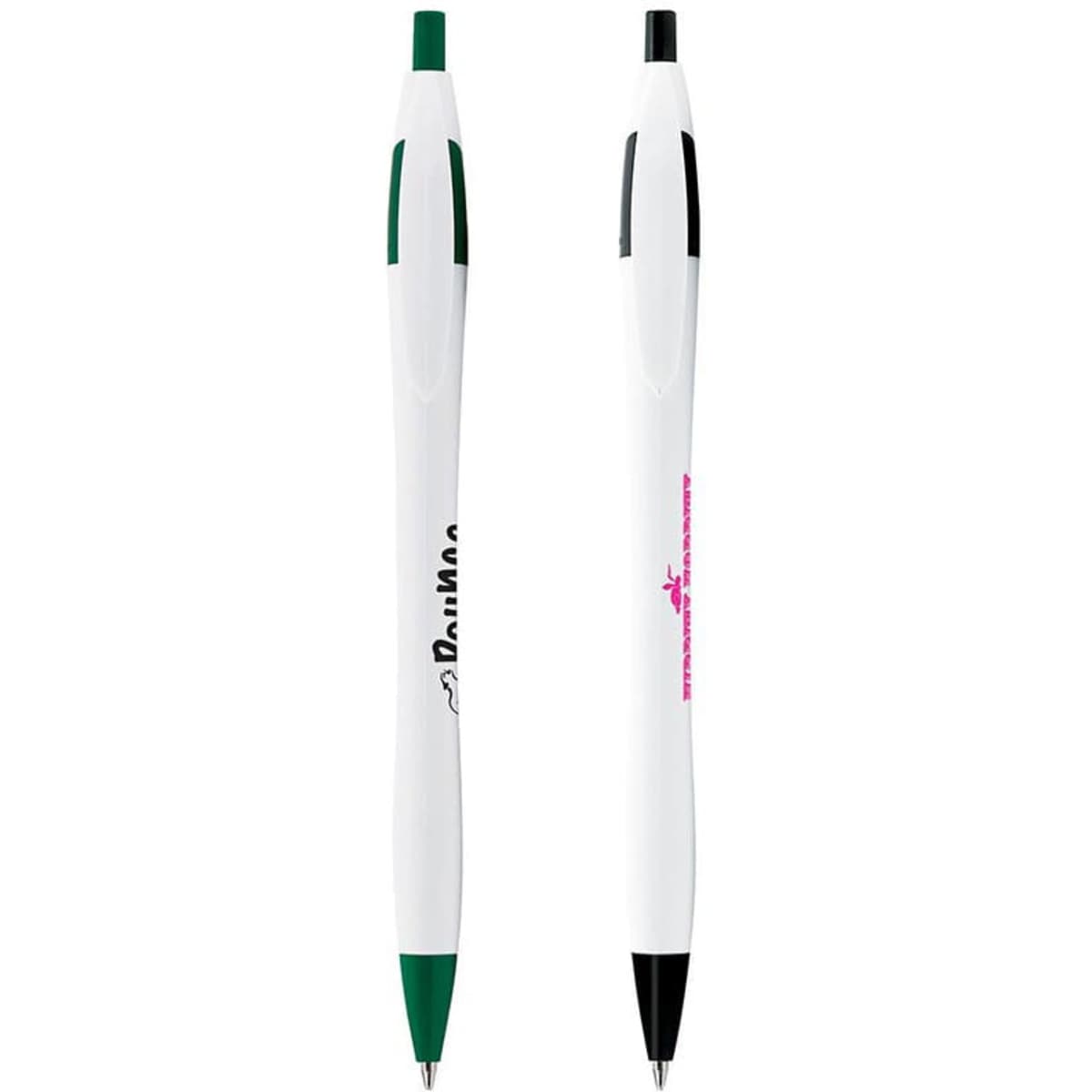 A curved pen with white body, green and black accents, featuring a logo on one side.