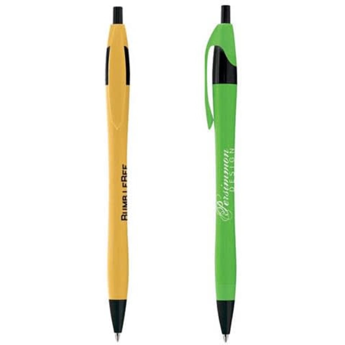 Two metallic curved pens are displayed: one in yellow and one in green, featuring a logo on the green pen.