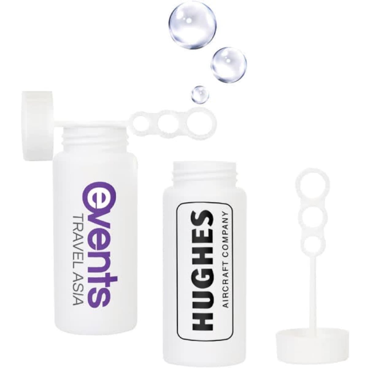 Two white bubble solution bottles with a wand, featuring purple and black text and bubbles rising above.