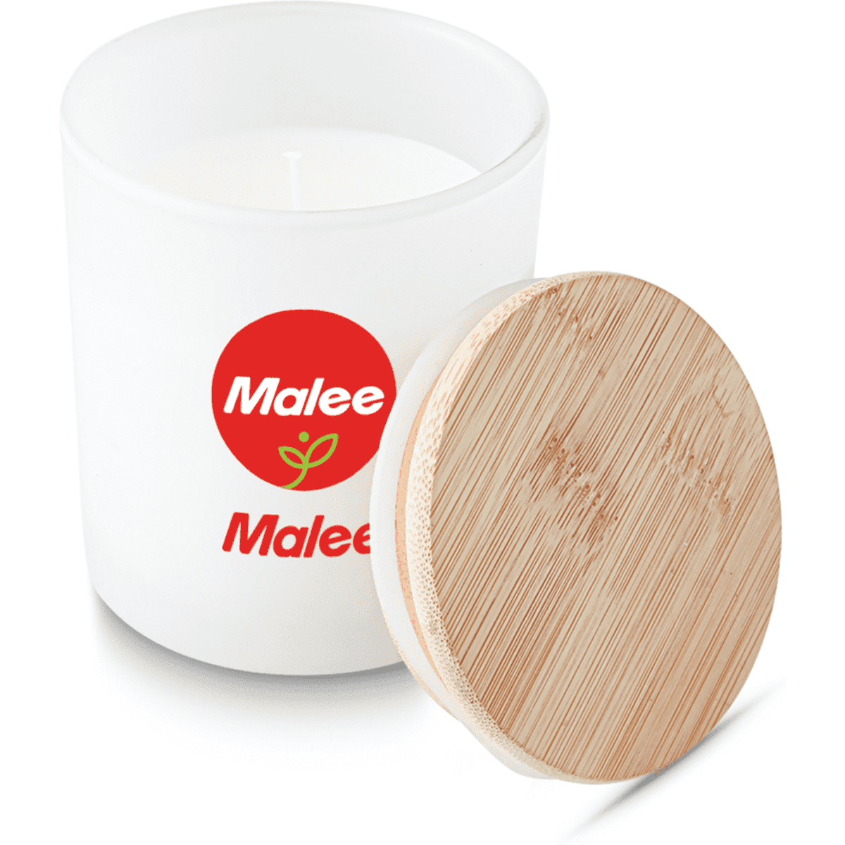A small white candle in a glass container with a wooden lid, featuring a logo on the side.