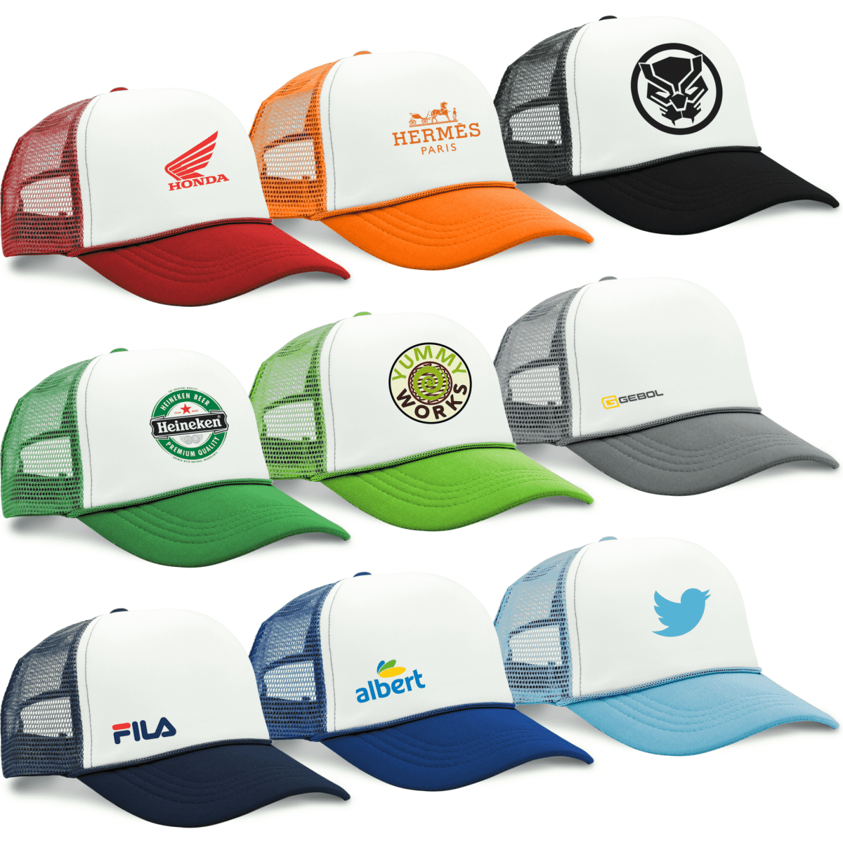 A collection of trucker caps in various colours, featuring different logos and designs, including red, orange, green, grey, and blue.