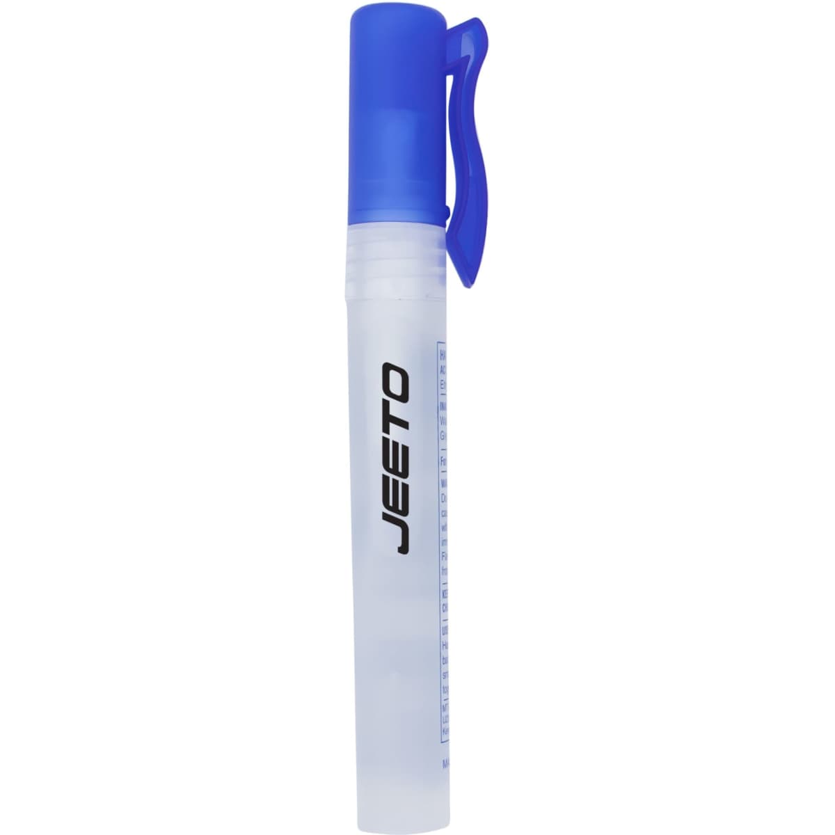 A clear 10ml sanitiser spray bottle with a blue spray nozzle and a clip, featuring a branding logo.