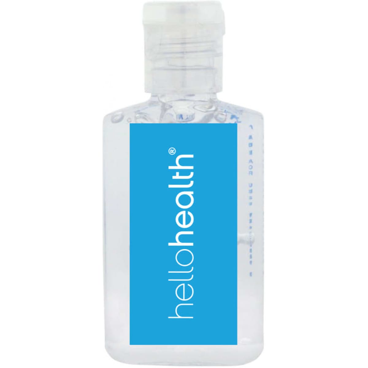 A clear 30ml hand sanitiser gel bottle with a blue label, containing 75% ethyl alcohol. Logo present on the label.