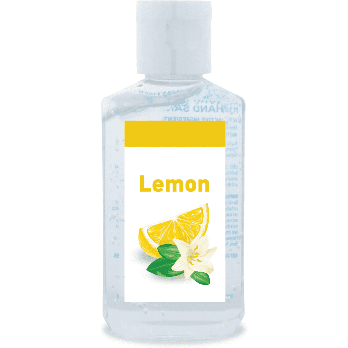 A clear 60ml bottle of hand sanitiser gel with a lemon scent and a label featuring lemon wedges and flowers.
