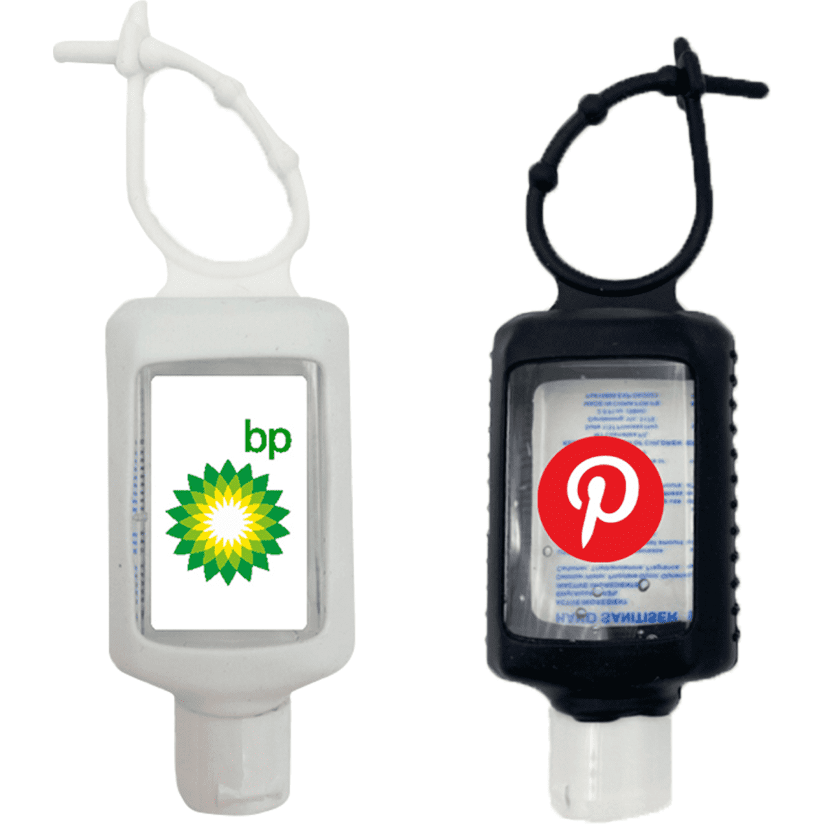 A 60ml hand sanitiser gel in a white and black silicone soft travel sleeve, featuring logos on both sides.