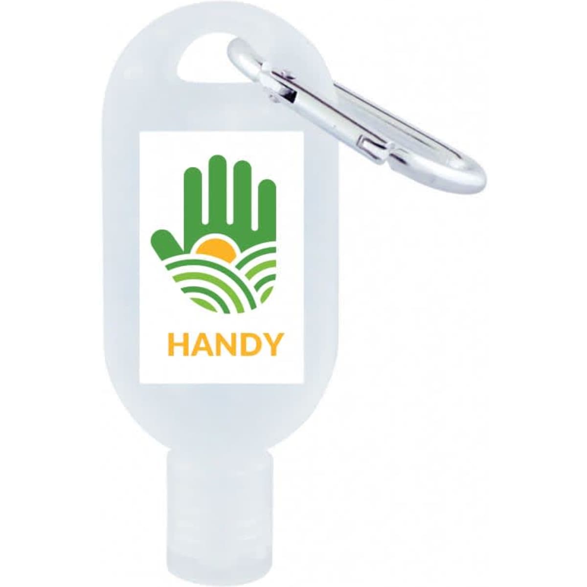 A clear 30mL hand sanitiser bottle with a carabiner attachment and a logo printed on the front.