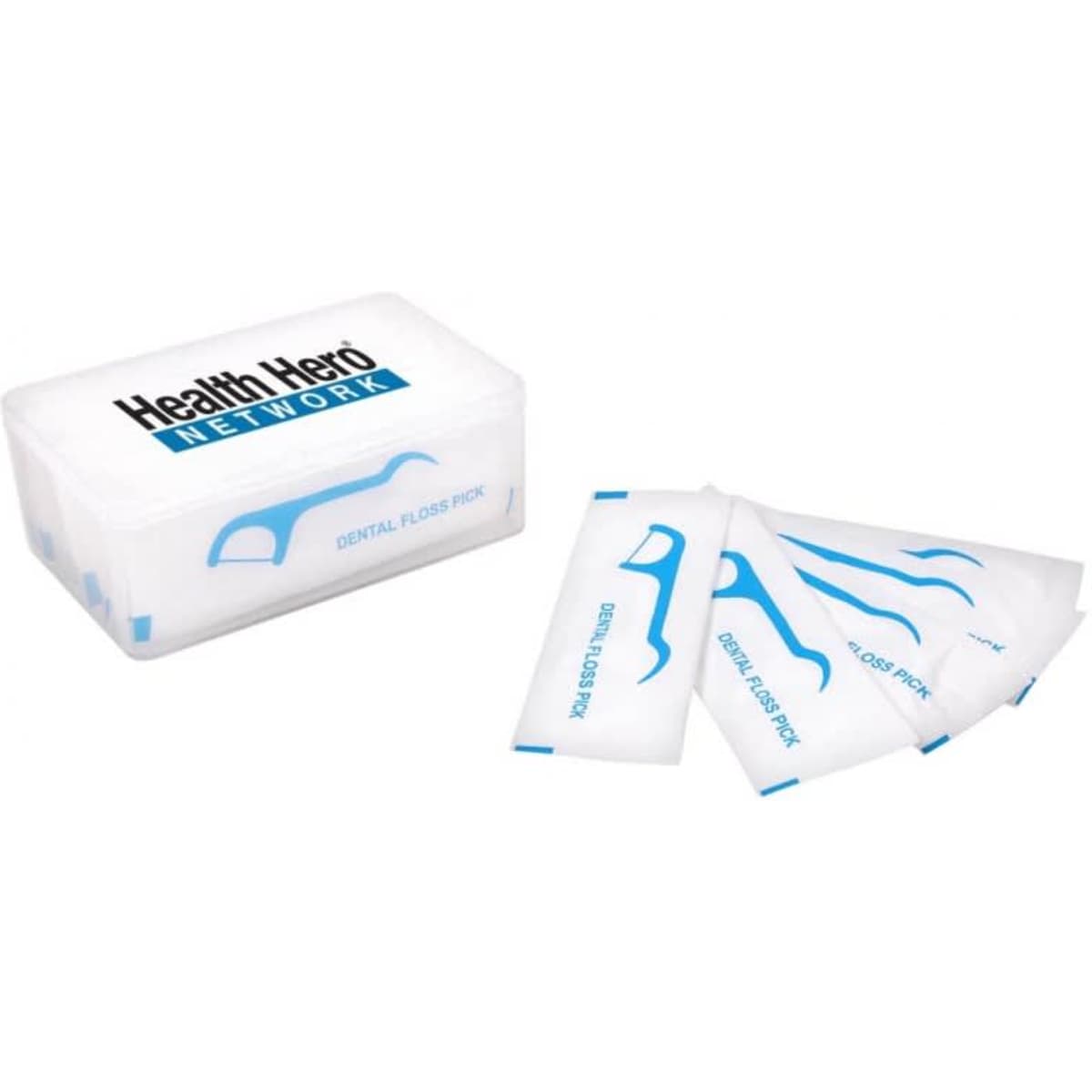 Dental floss picks packaged in a clear box, featuring a blue design and a logo.