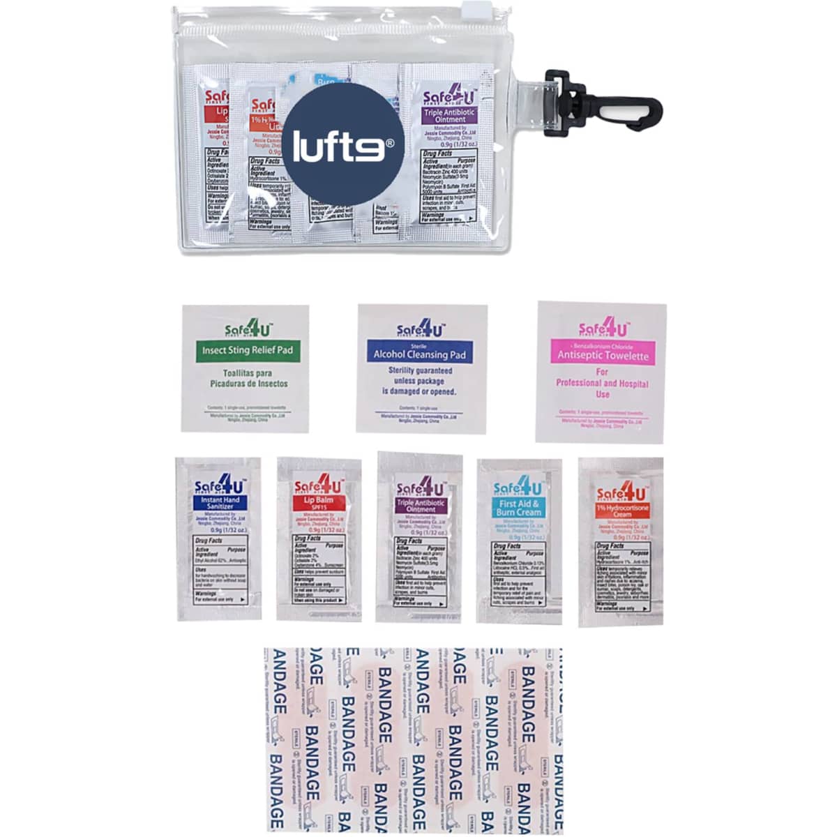 A clear plastic pouch containing various first aid supplies, including antiseptic wipes, insect sting relief pads, and bandages.