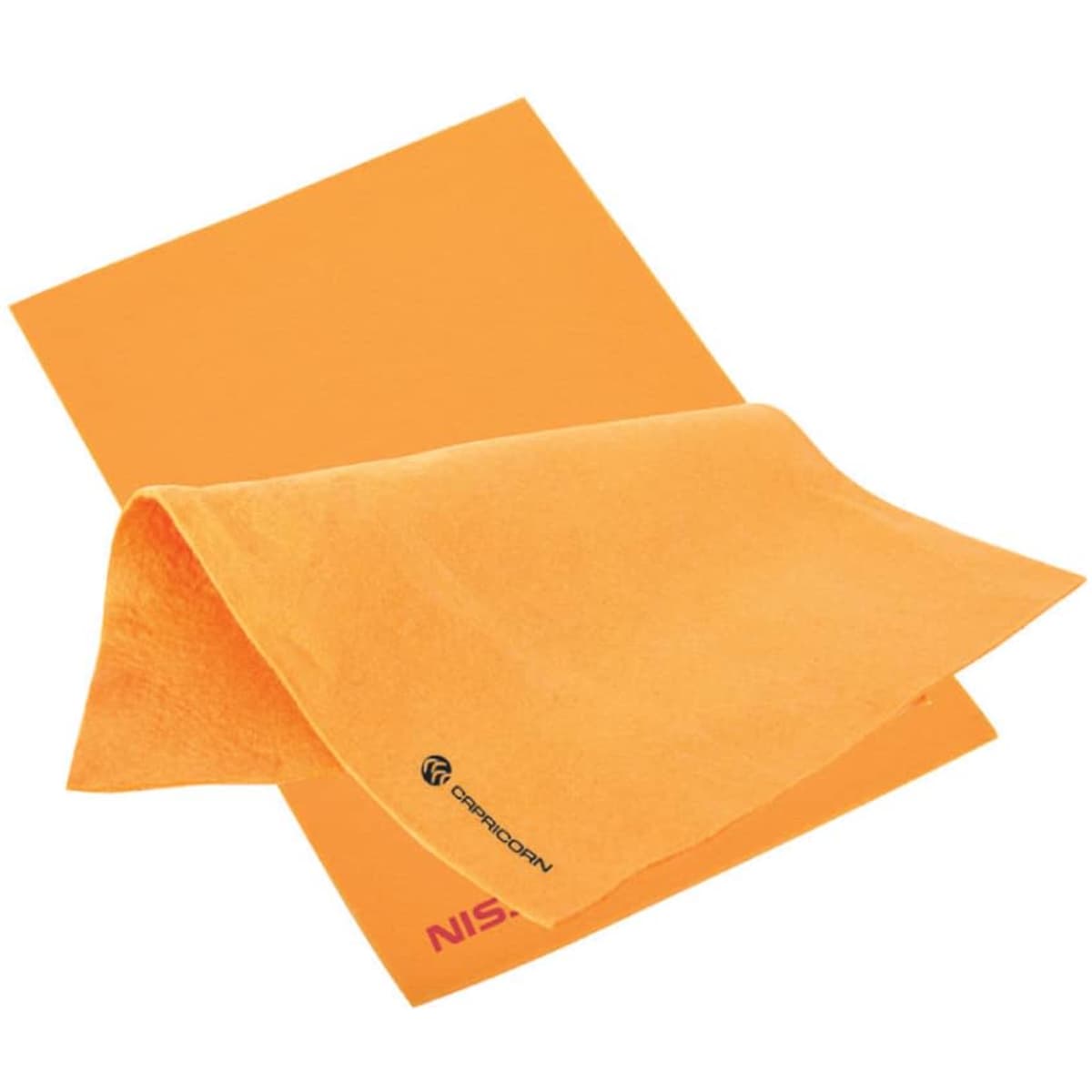 A large chamois towel in vibrant orange, folded and placed atop a flat surface, featuring a logo.