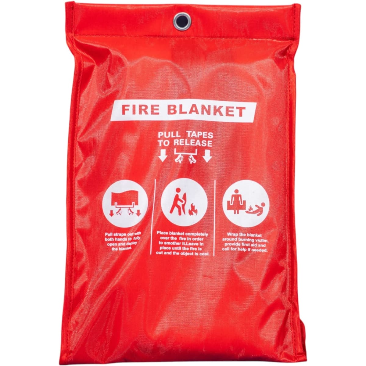 A red fire blanket with a pull tab for release, packaged in a protective sleeve and displaying safety instructions.