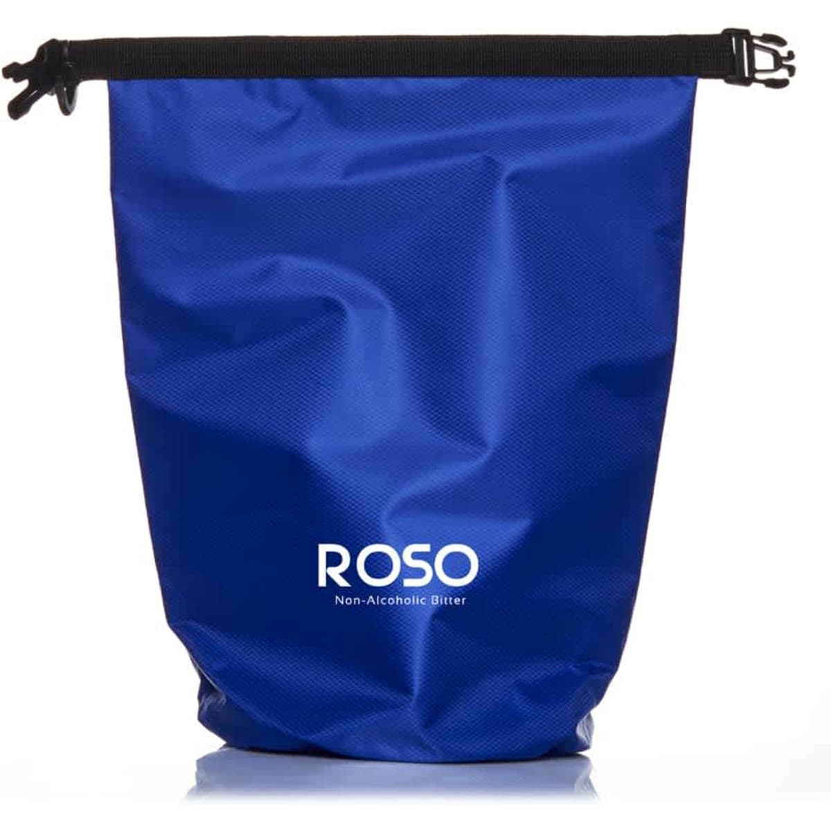 A blue 5L dry bag with a black strap and a logo on the front.
