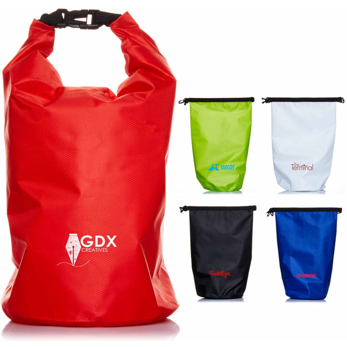 A red 10L dry bag featuring a logo, accompanied by smaller bags in black, blue, and white.