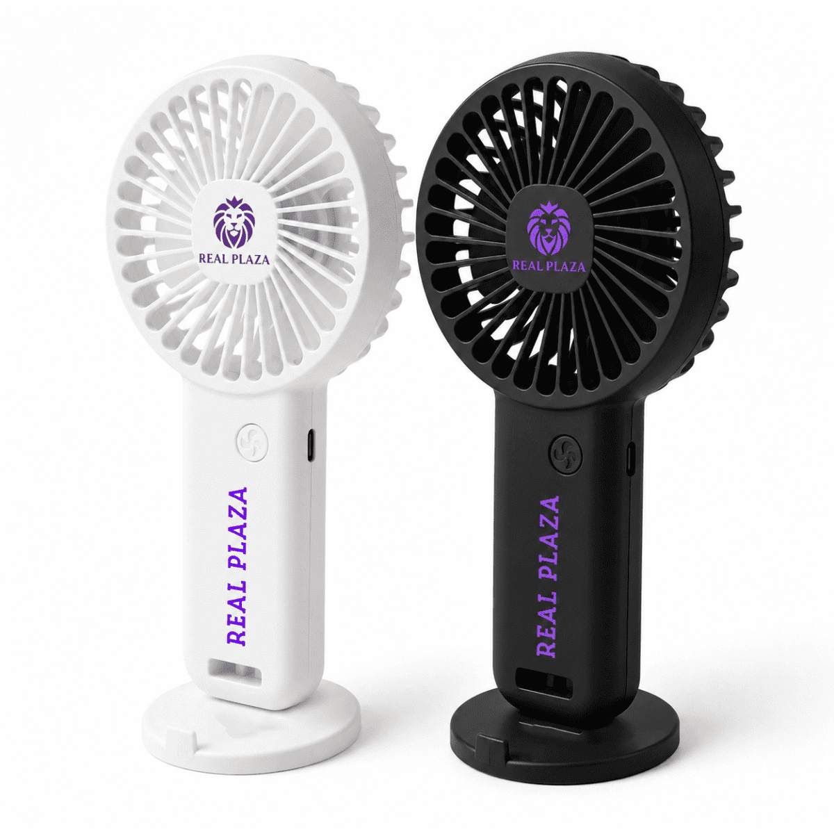 A hybrid fan set featuring a white and a black fan design, both with a logo on the front.