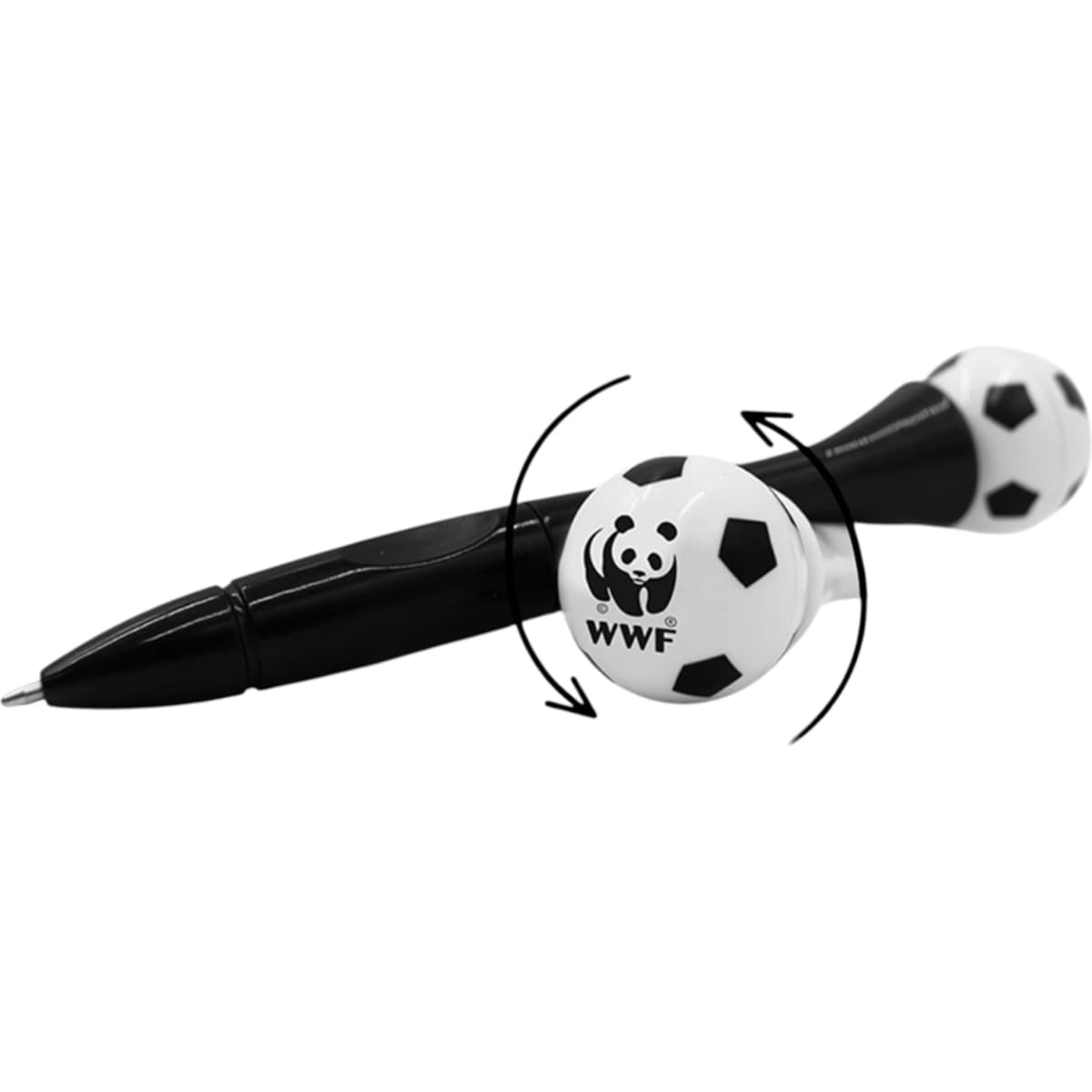A black pen with a spinning soccer ball design at each end, featuring a logo.