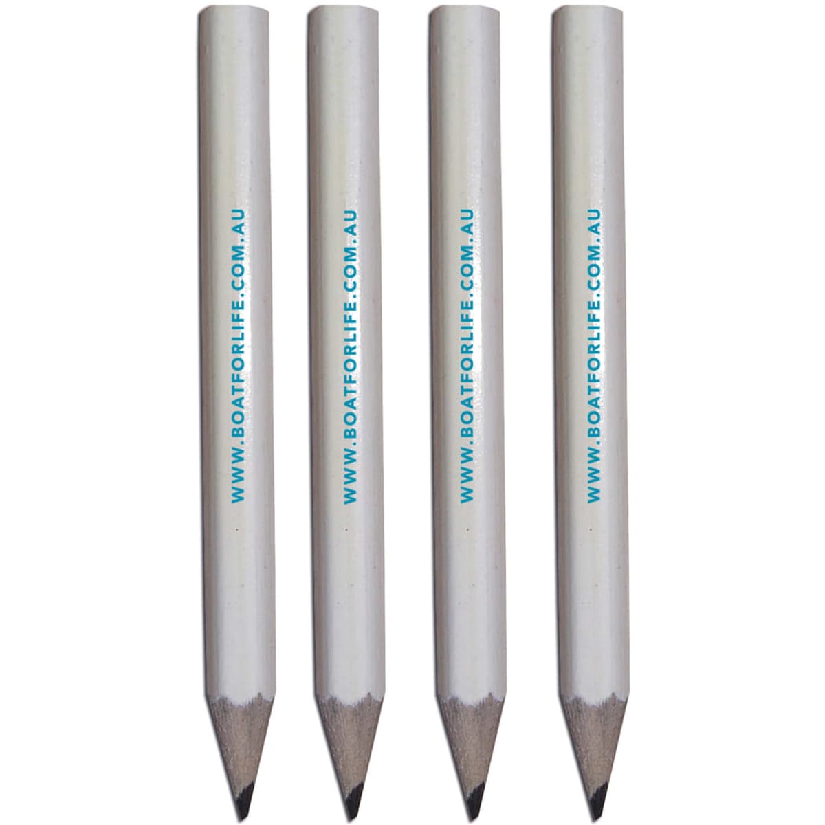 Four grey-lead pencils with white shafts and branding on the side.