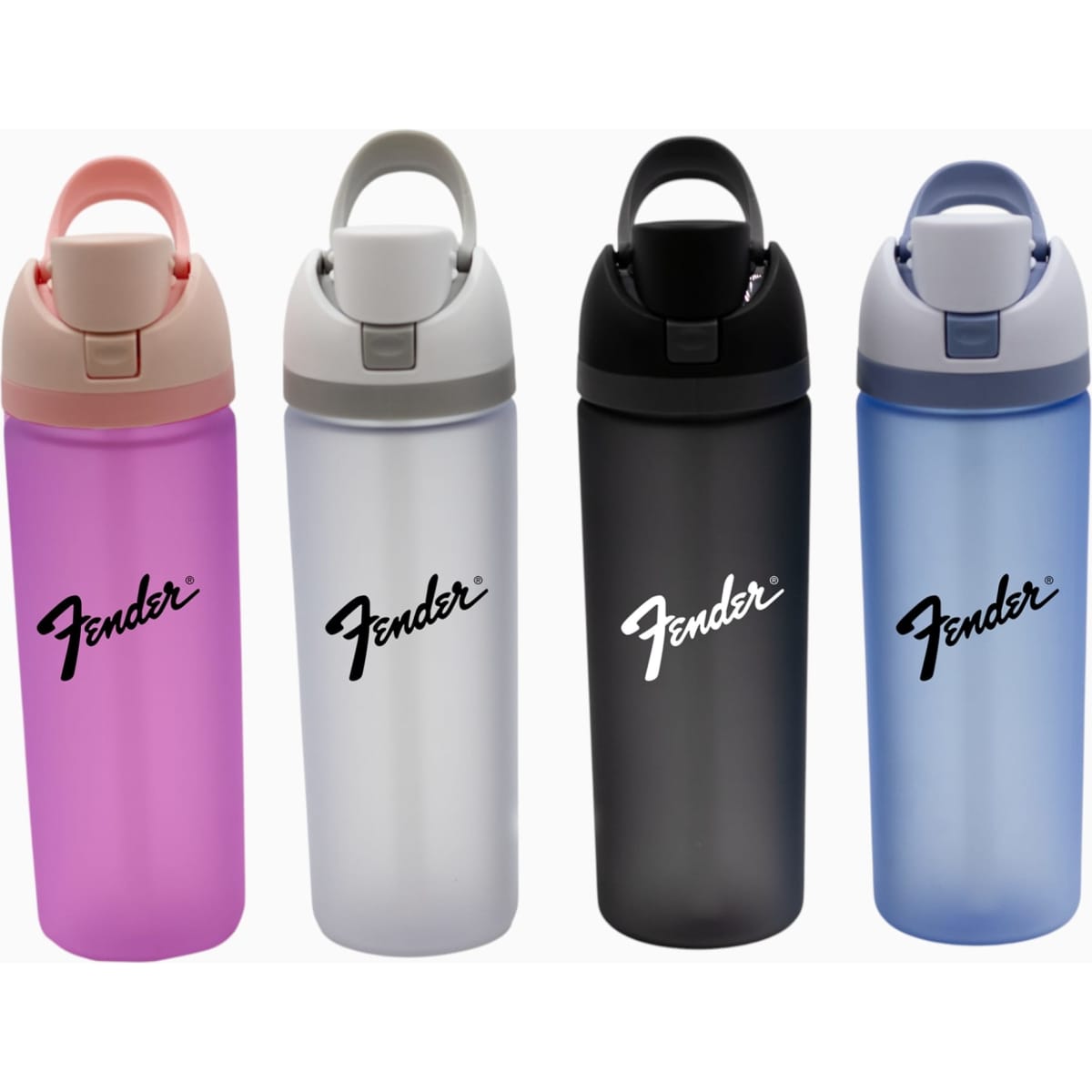 A drink bottle set featuring four colours: pink, grey, black, and blue, each with a logo on the side.