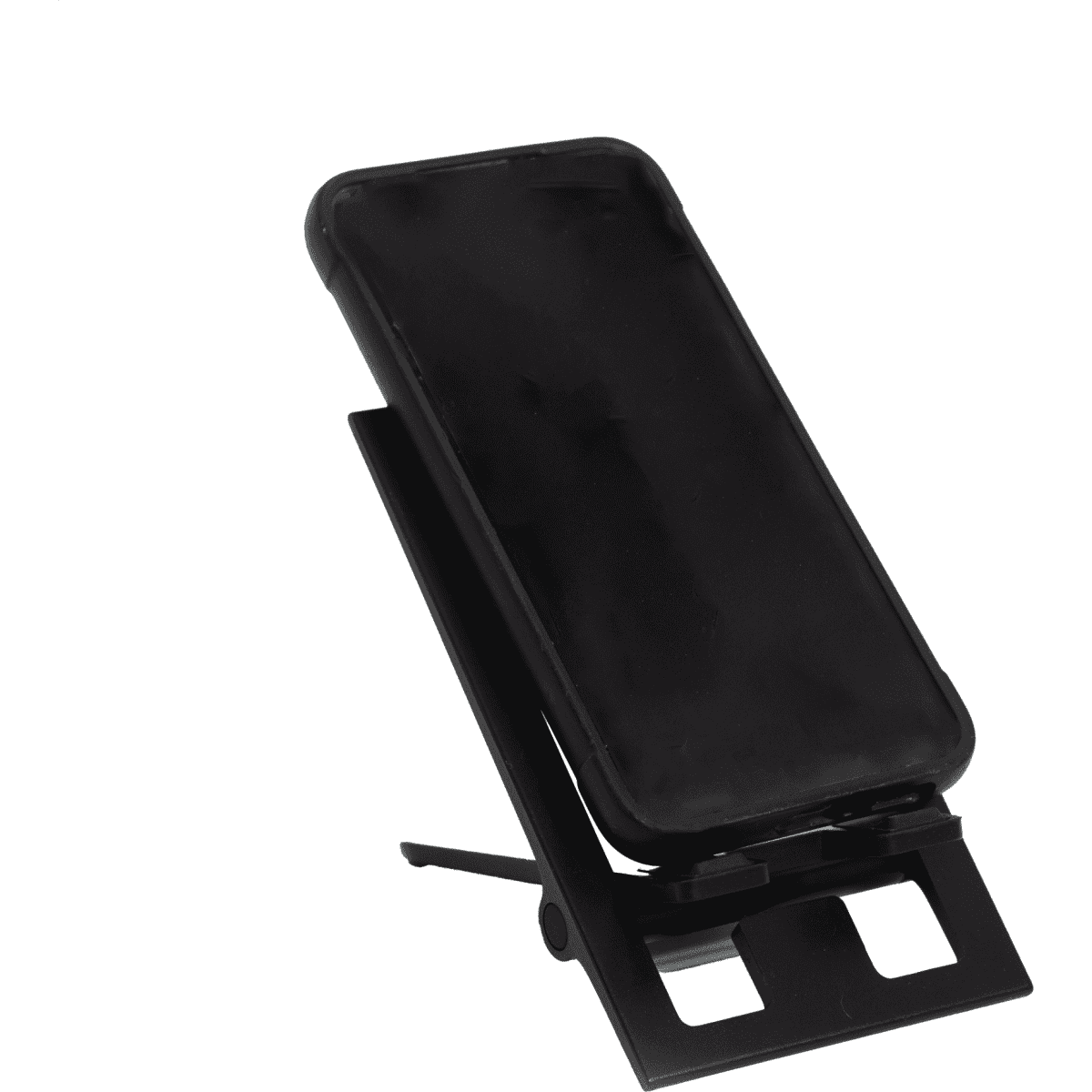 A foldable phone stand in black, featuring adjustable angles and a sleek design for device support.
