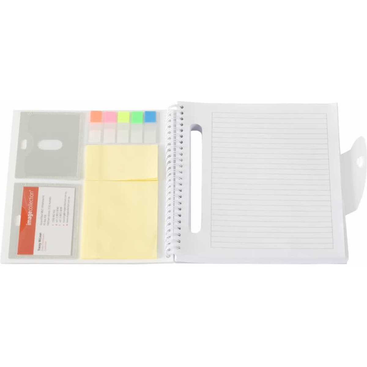 A spiral-bound notepad with lined pages, sticky notes, and assorted coloured tabs. It features a logo on the cover.