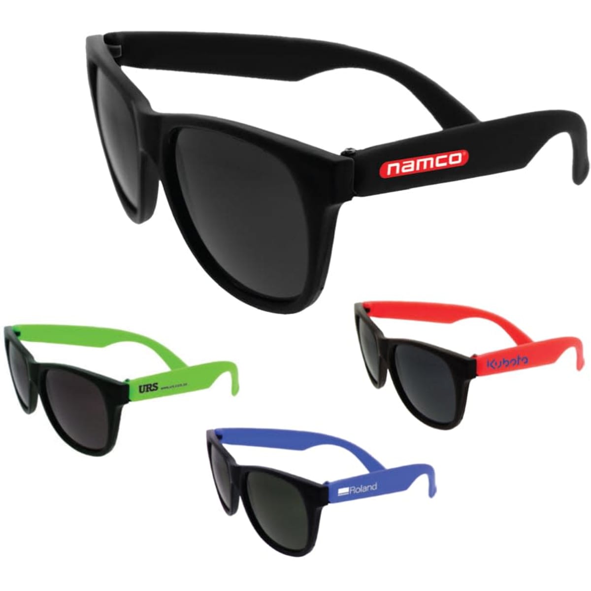 Retro sunglasses in black, green, red, and blue, featuring logos on some frames.