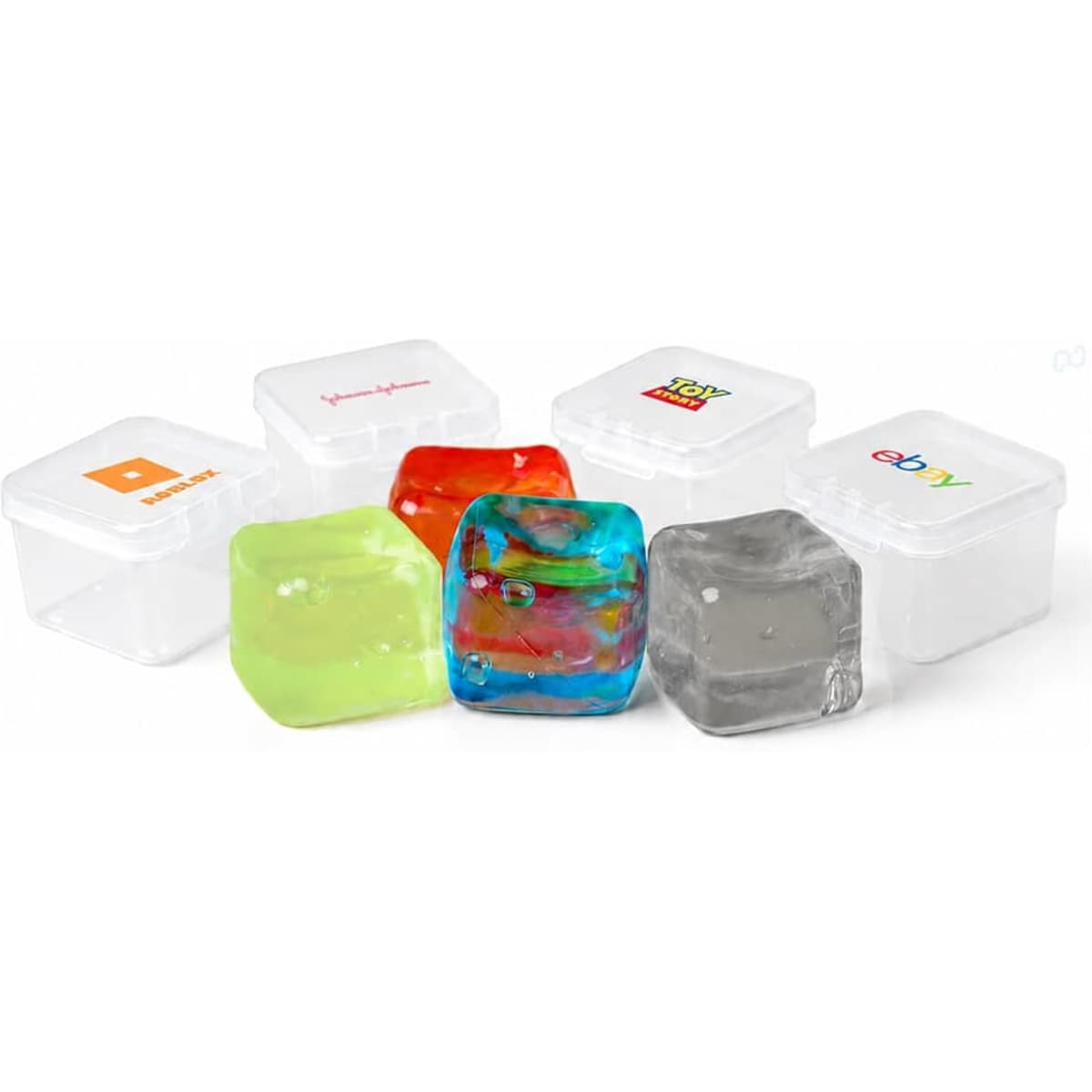 A set of colourful jelly cube sensory toys in various translucent shades, next to clear containers, some featuring logos.