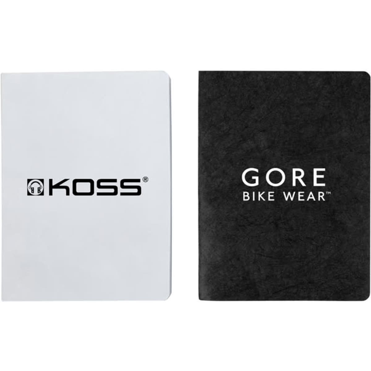 Two notebooks, one with a white cover and a logo, the other with a black textured cover displaying a logo.