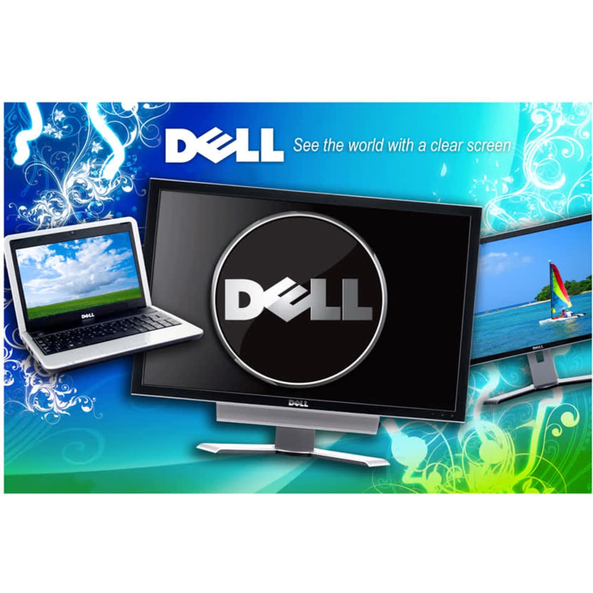 A promotional image featuring various Dell screens on a vibrant blue and green background, including a laptop and a monitor.
