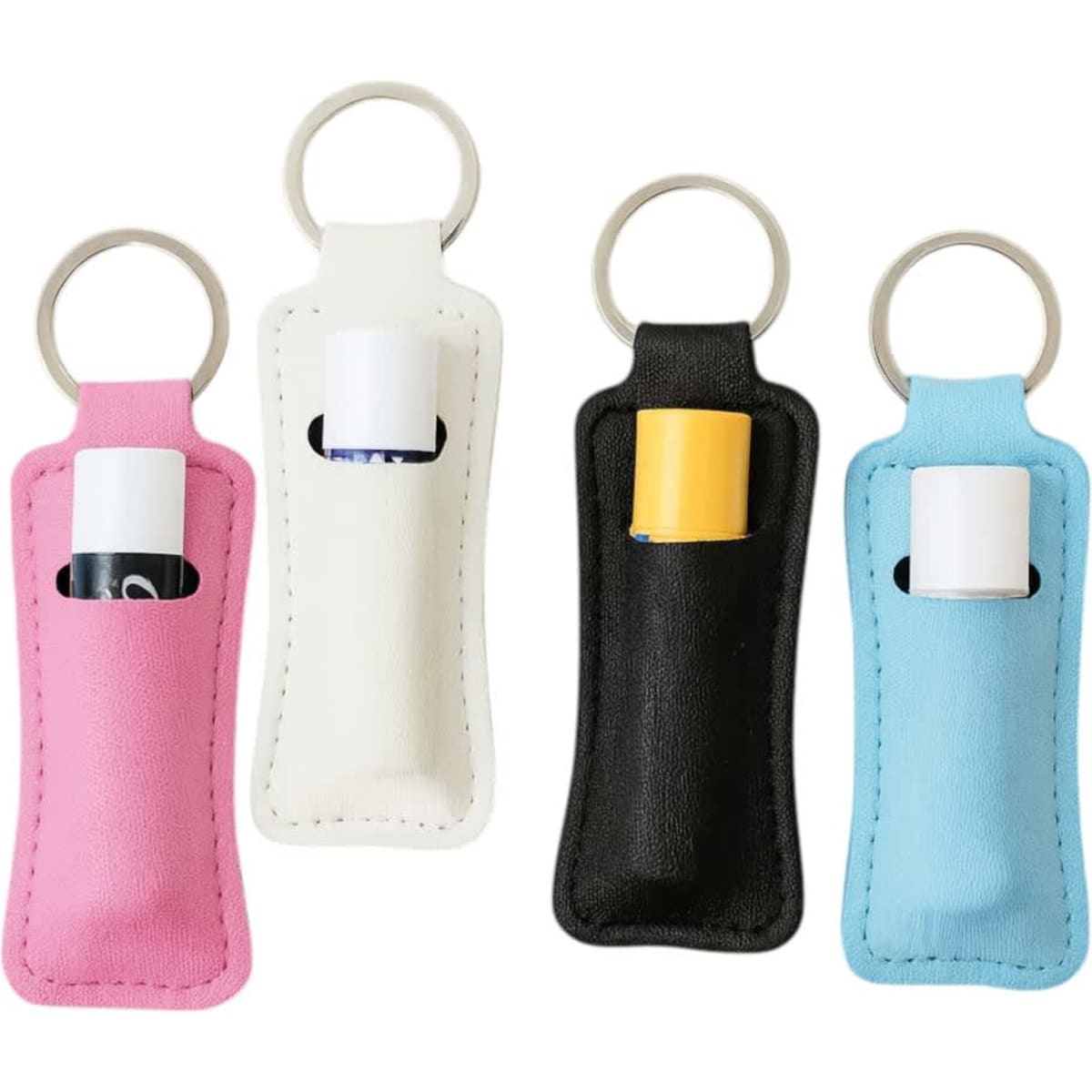 A set of four neoprene keychains in pink, white, black, and blue, each holding a small tube, featuring keyring attachments.