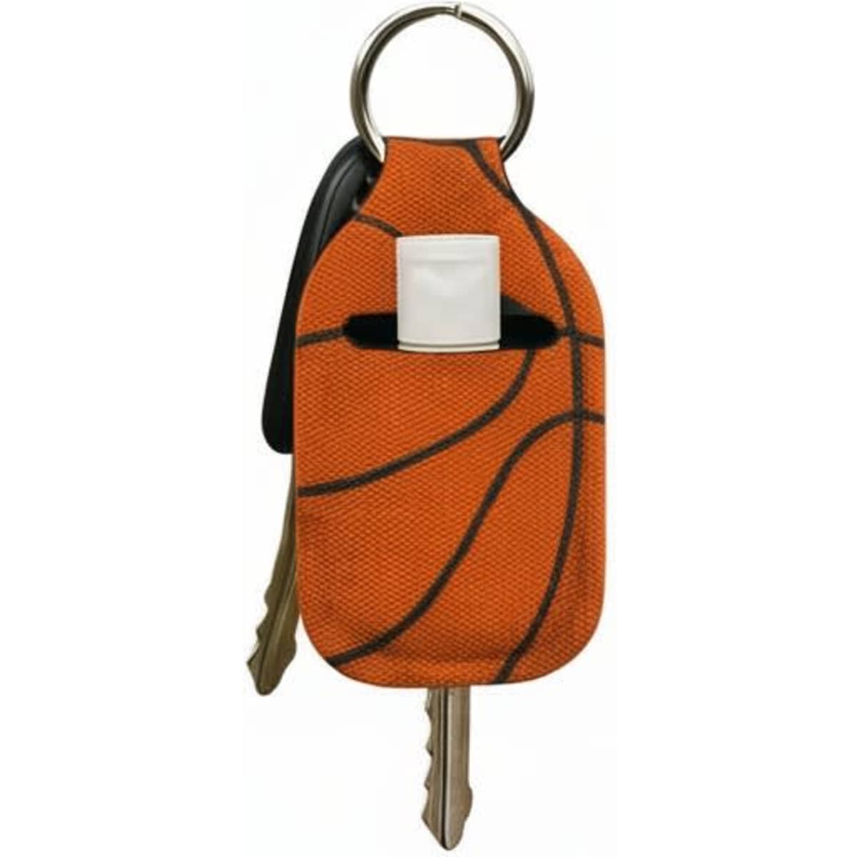 An orange neoprene keychain shaped like a basketball, holding keys with a metal keyring.