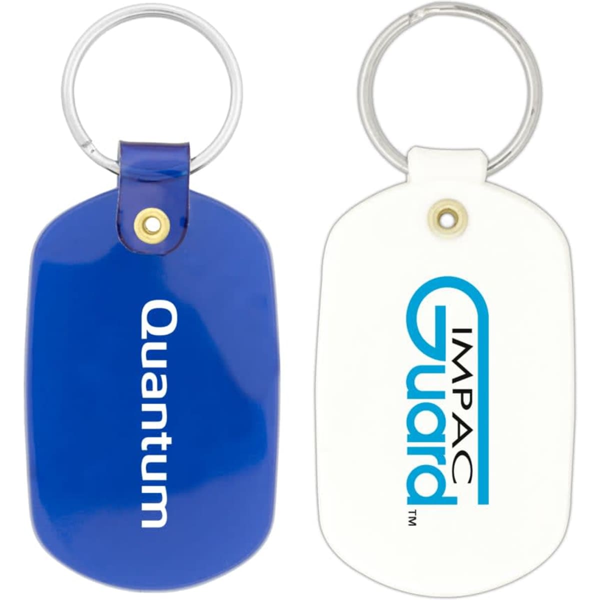 A blue and white oval keychain featuring a branding logo on one side. The keychain has a metal ring attached.