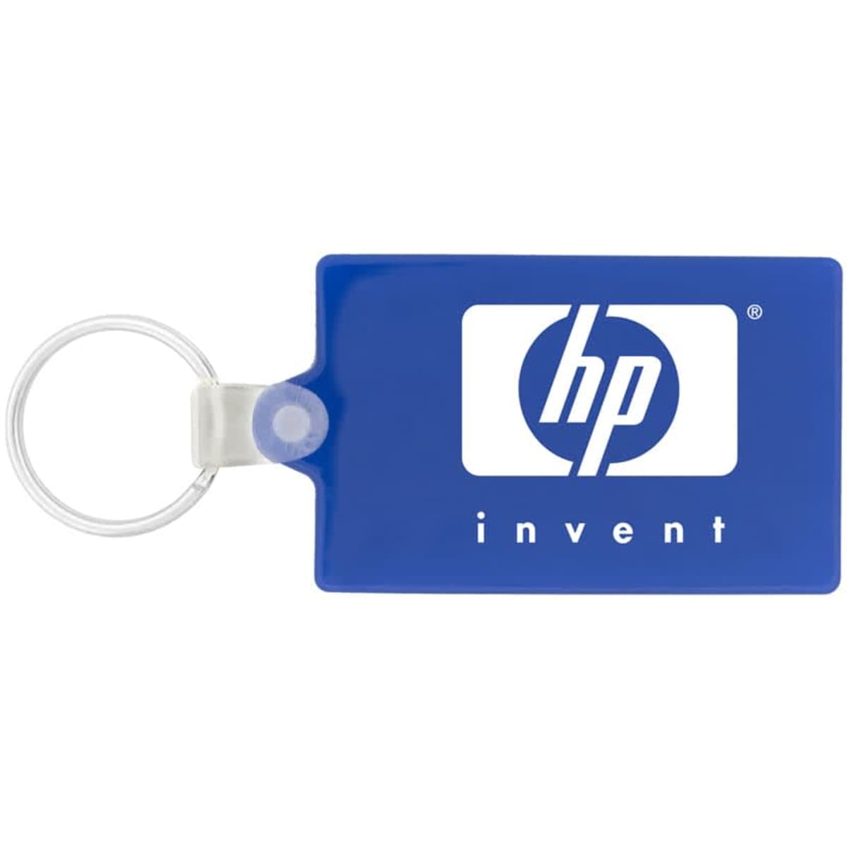 A blue rectangle keychain featuring a logo. The keychain has a metal ring for attachment.